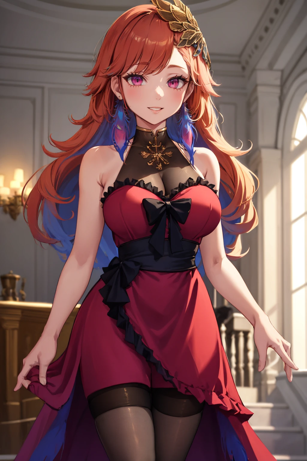 masterpiece, best quality, absurdres, 1girl, solo, KiaraDress, long hair, gold hair ornament, feather earrings, evening gown, sleeveless, red dress, see-through cleavage, high-low skirt, thighband pantyhose, gold thighlets, blue wings, indoors, smile, <lora:TakanashiKiara:1>