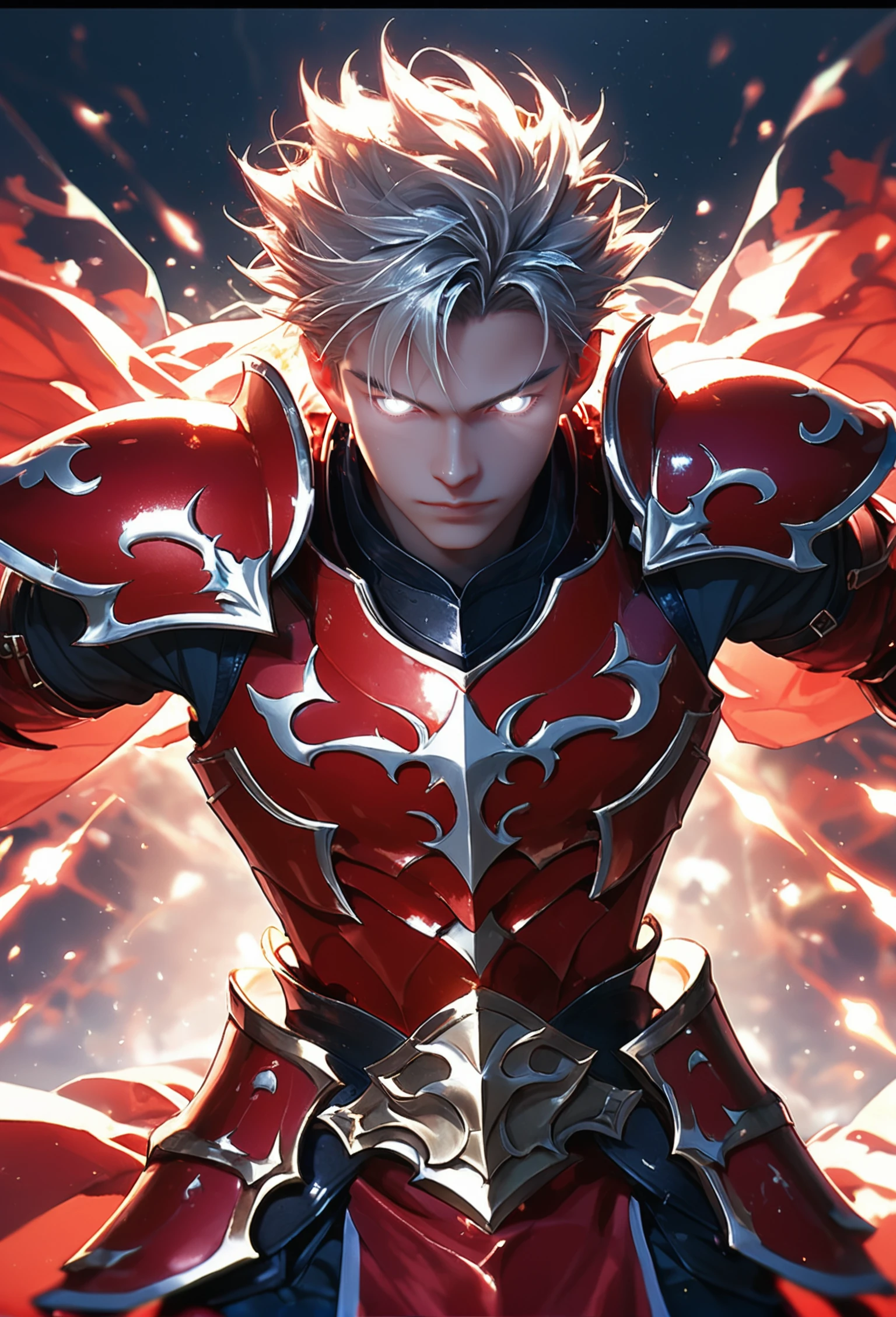 score_9, score_8_up, score_7_up, i want the whole image to be created in 3D anime style, solo, looking at viewer, 1boy, male focus, armor, glowing, outstretched arms, letterboxed, glowing eyes, white eyes, red armor, tokusatsu