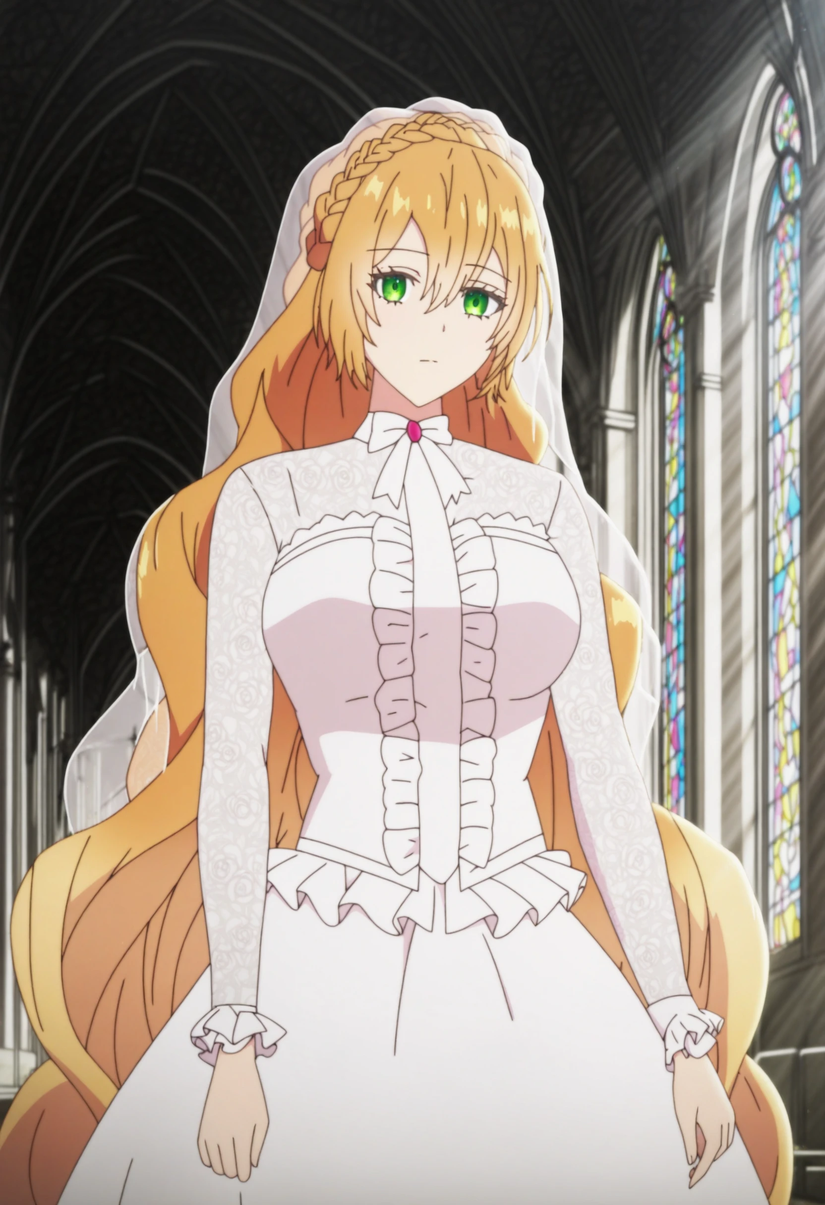 sysdeep_raeliana, 1girl, solo, long_hair, breasts, looking_at_viewer, blonde_hair, long_sleeves, hair_between_eyes, closed_mouth, very_long_hair, medium_breasts, green_eyes, braid, frills, wedding_dress, white_dress, wedding, church,  <lora:Raeliana Mcmillan - [Why Raeliana Ended Up at the Dukes Mansion] - Pony Version 1:1>