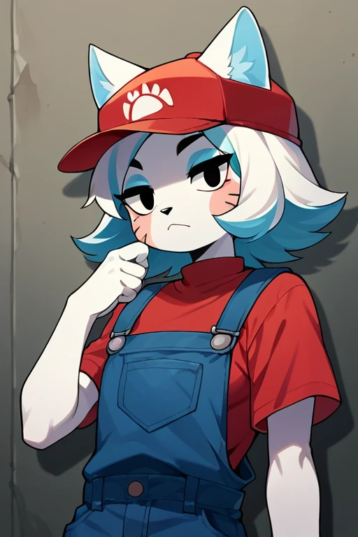 2D,anime, score_9, score_8_up, score_7_up, 1girl, solo, Karen, furry, cat, black eyes, white fur, white hair, blue hair, red hat, red shirt, blue overalls<lora:EMS-361520-EMS:1.000000>