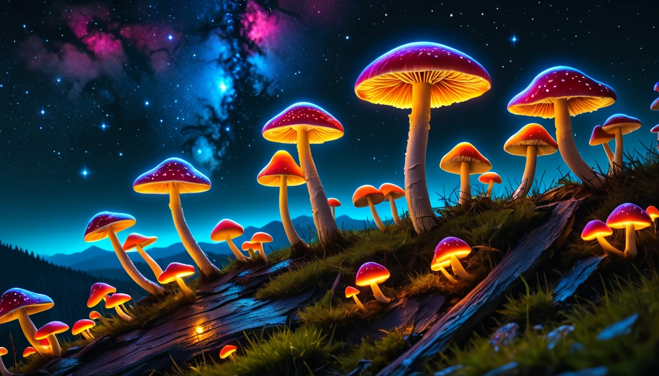 Professional night landscape with (fluorescent mushrooms:1.3) everywhere, best quality, masterpiece, 4k, 8k, realistic, professional photo, award winning, golden ratio, vivid colors, detailed, high details, attention to details, High Fantasy Realms, fantasy, beautiful, best colors, high contrast, (planets on sky:1.2)