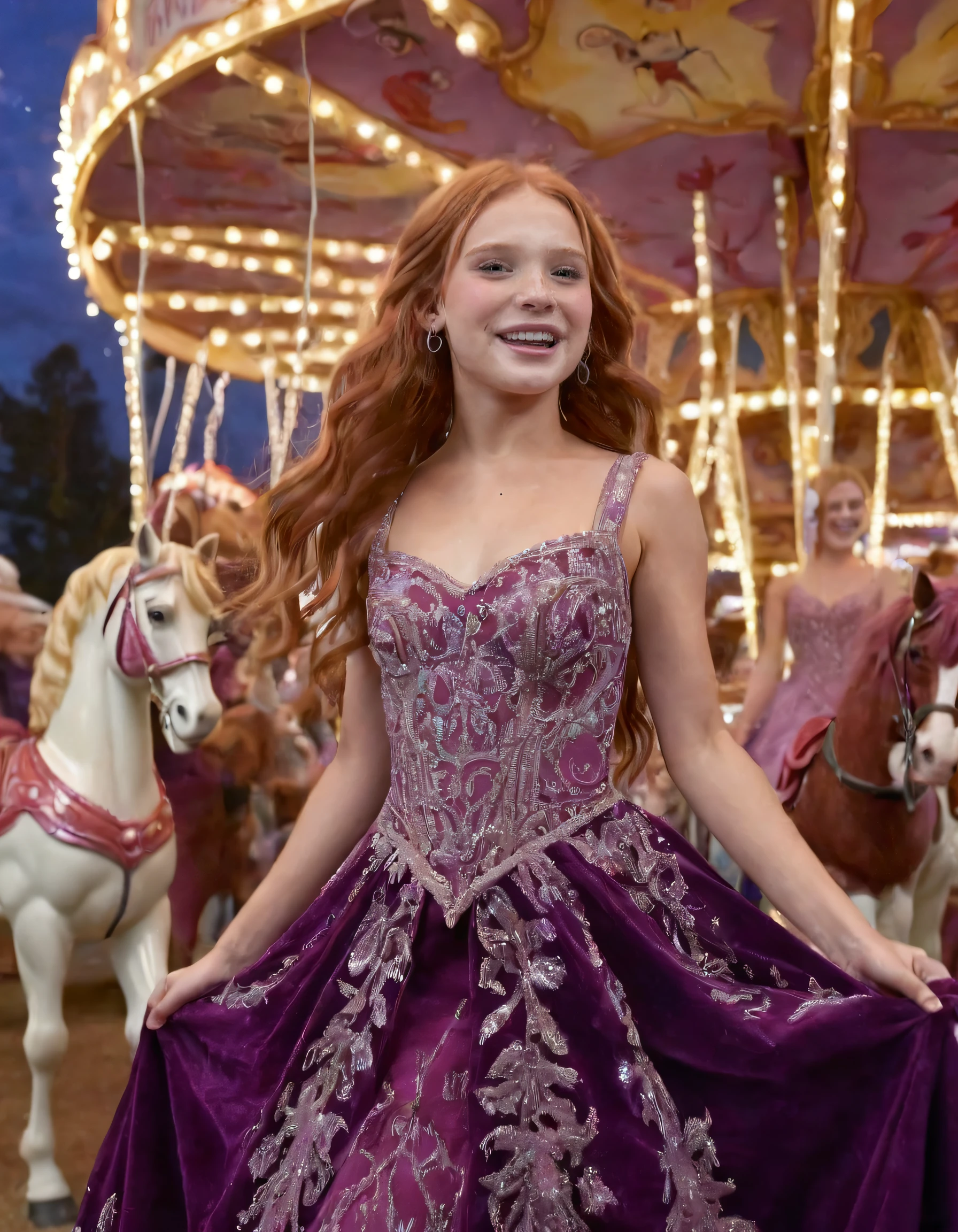 Amidst the vibrant ambience of a whimsical carnival, Harley Haisley, with her long hair swaying and glistening under the sparkling lights, stands mesmerized in her enchanting purple velvet gown adorned with elaborate burgundy embroidery, as she elegantly poses against a backdrop of fairy lights, while children play joyously and carousel horses gallop gracefully in their eternal circle. <lora:niyikv18f219865bet27e:1>
