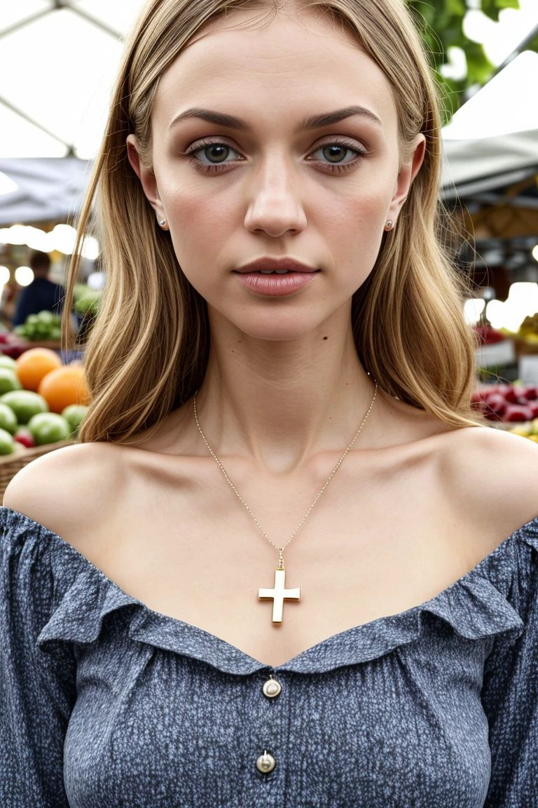 European woman, closeup, (shirt), pants, (farmer's market), cross necklace , ZM_debora , wide shoulders, perfect face, (contact iris: 1.1), pale skin, skin pores , depth of field