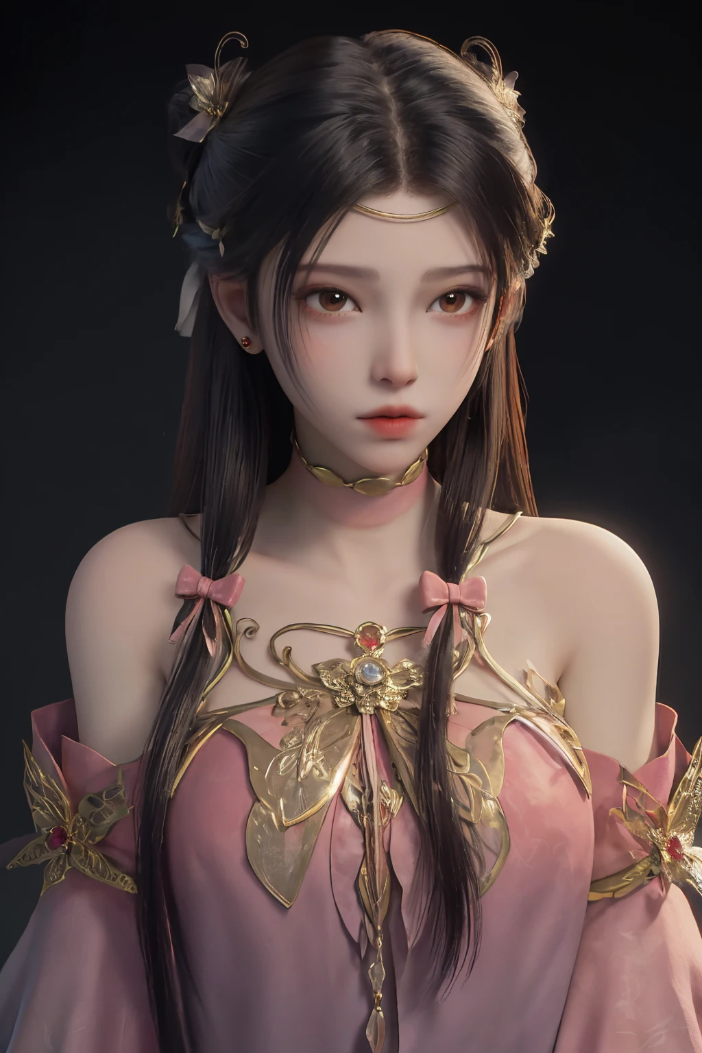 <lora:TianLinger:0.8>,tianlinger,1girl,solo,jewelry,black hair,long hair,hair ornament,brown eyes,earrings,Gold ornament,white background,necklace,simple background,realistic,choker,lips,bare shoulders,bow,upper body,round face,, best quality , masterpiece, illustration, an extremely delicate and beautiful, extremely detailed ,CG,unity,8k wallpaper, Amazing, finely detail, masterpiece, best quality,official art,extremely detailed CG unity 8k wallpaper,absurdres, incredibly absurdres, huge filesize , ultra-detailed, highres, extremely detailed,beautiful detailed girl, extremely detailed eyes and face, beautiful detailed eyes,light on face,