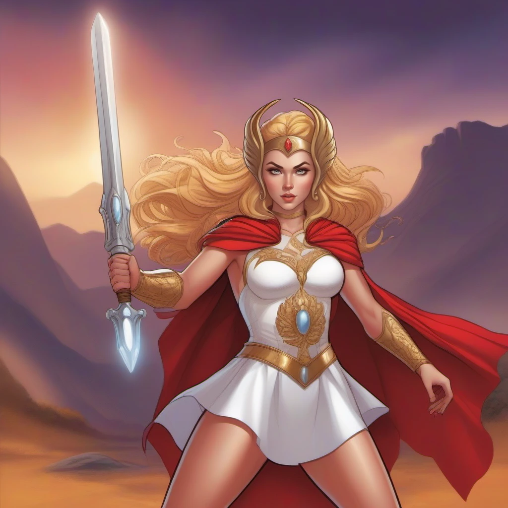 comic a full body woman dressed in a white costume,white miniskirt, golden headband, red cape, with a sword, fantasy background <lora:She-ra-1024:0.8> . graphic illustration, comic art, graphic novel art, vibrant, highly detailed