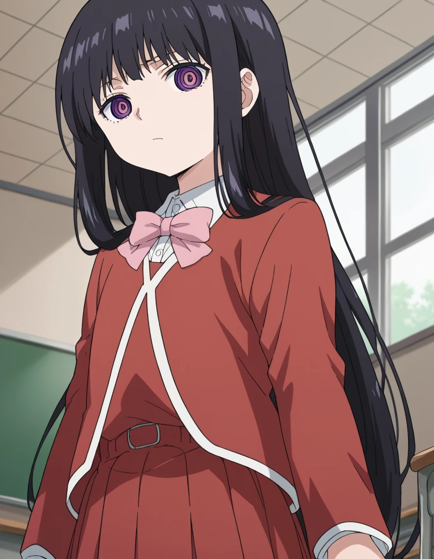 score_9, score_8_up, score_7_up, source_anime,
otoadashino, <lora:oto-adashino-s1-ponyxl-lora-nochekaiser:1>,
oto adashino, long hair,  bangs, black hair, very long hair, purple eyes, ringed eyes,
skirt, shirt, long sleeves, bow, school uniform, jacket, white shirt, bowtie, red skirt, pink bow, red jacket, pink bowtie,
indoors, classroom,
looking at viewer, cowboy shot, solo, dutch angle,