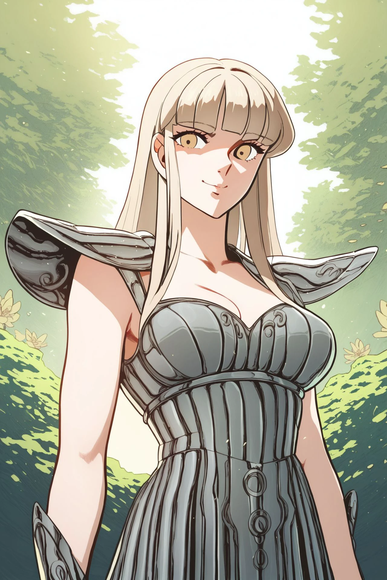 score_9, score_8_up, score_7_up, 1girl, solo, cheeky smile, beige hair, round_fringe, hime_cut, beige eyes, breasts, grey armor, outdoors, <lora:Masami_Kurumada_PonyXL_style_v01.10.025:1>-