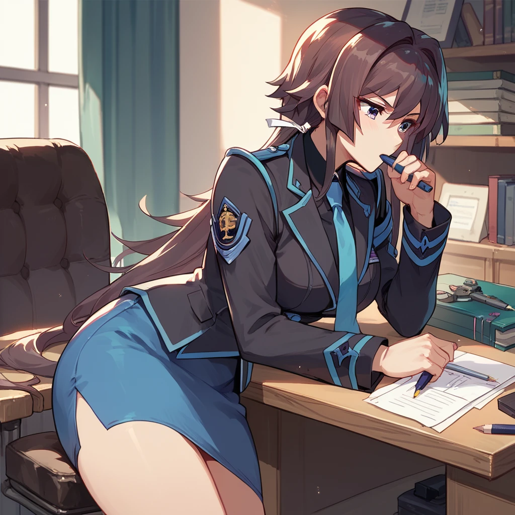 score_10, score_9, score_8_up, score_7_up, source_anime, BREAK, 1girl, YuiTakamura, military uniform, black shirt, blue necktie, military pencil skirt, holding documents, control room