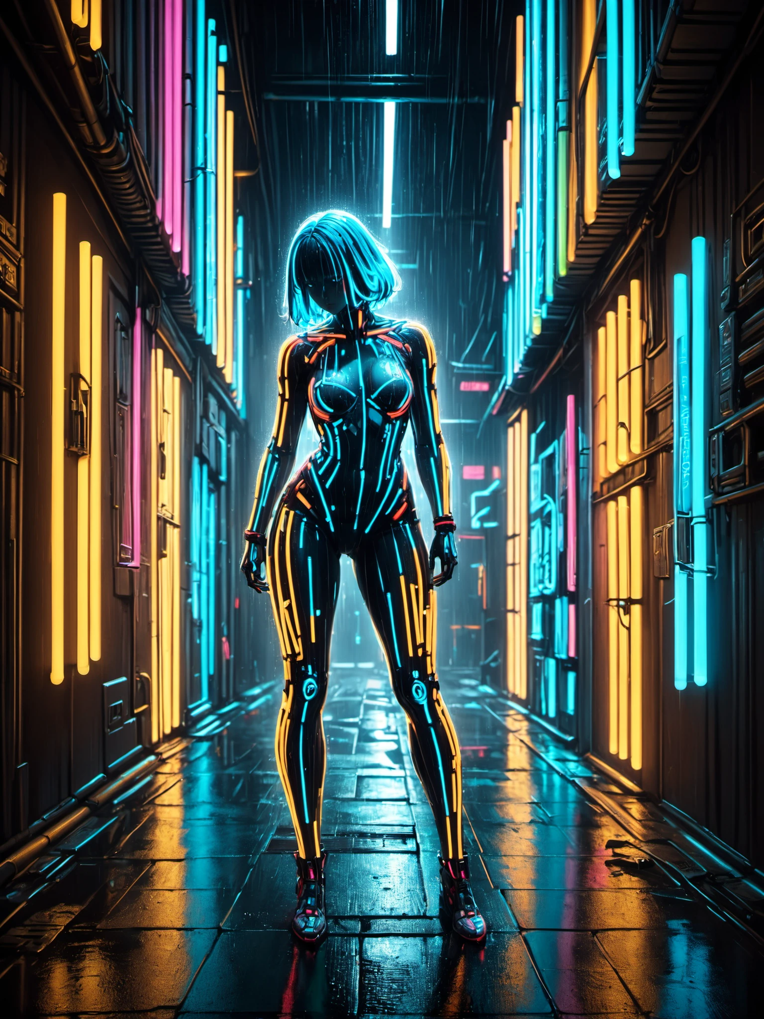 mad-glowstick woman in dark alley, scifi, rain, <lora:Glowstick_SDXL:0.9>, (masterpiece:1.2), best quality, (hyperdetailed, highest detailed:1.2), high resolution textures