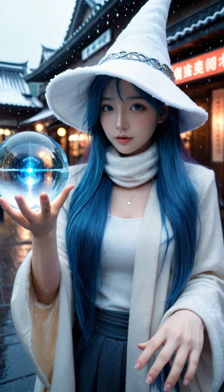 with blue skin blue hair wearing a large white witch hat standing,holding a glowing blue magic energy orb in her hands,dark background,particle effects,highly detailed,ultra-high resolutions,32K UHD,best quality,masterpiece,ukl,1girl,Exaggerated perspective,ultra wide shot,reaching out hand,foreshortening,on the tokyo street,realistic,highres,female focus,solo,snowy day,scarf,hat,flying snow,fish-eye len,fish eye angle,