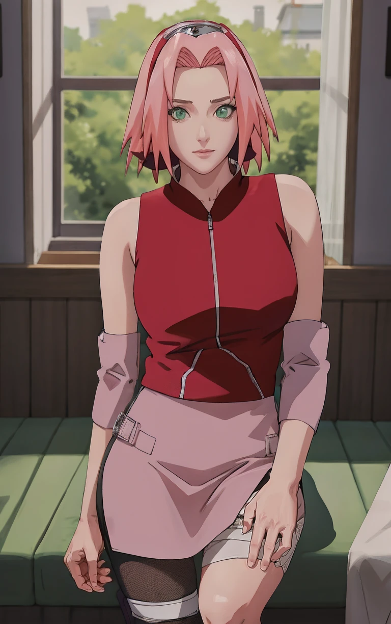 NARUTO_Sakura_Combat_ownwaifu,
1girl, haruno sakura, short hair, pink hair, green eyes, hair intakes, collarbone, forehead protector, headband, red hairband, konohagakure symbol,
bare shoulders, bandages, sleeveless jacket, red jacket, bike shorts, black shorts, leg wrap, bandaged leg, elbow pads, zipper,
<lora:NARUTO_SakuraHaruno_ownwaifu:1> ,
((masterpiece)),((best quality)),(highres, absurdres), original, official_art, chromatic_aberration, bokeh, depth_of_field, window, wisteria, loaded_interior, skylight, sunset, indoors, window_shade, window_blinds, curtains, potted_plant, focused, looking at viewer, solo, cowboy shot,