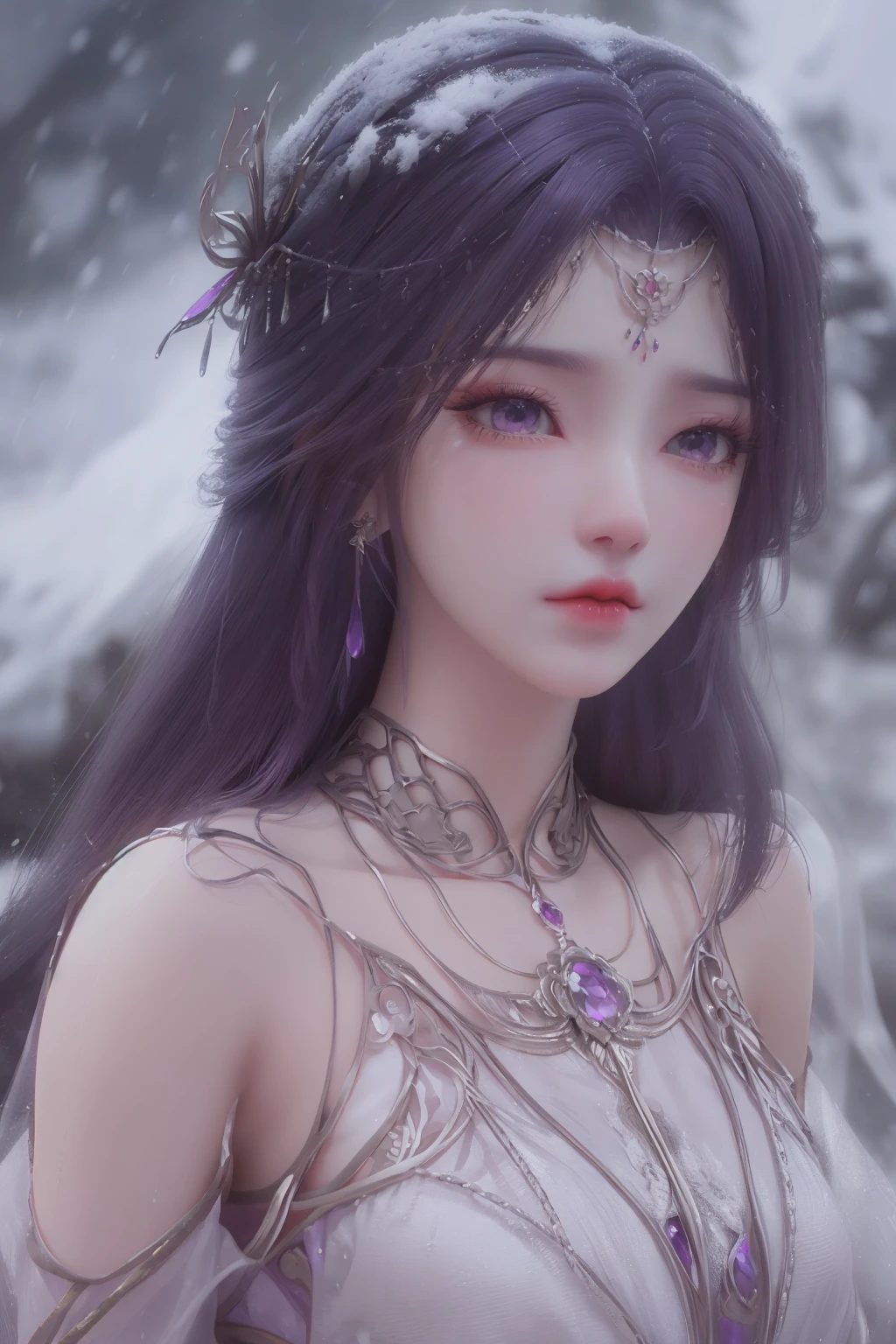 breathtaking <lora:TMyunxi:1>,yunxi,1girl,dress,purple hair,hair ornament,upper body,amethyst earrings,one ear has an earring,solo,long hair,white dress,jewelry,purple eyes,expressionless,bare shoulders,gem,(snowstorm:1.3),(snowing:1.3),(abomasnow:1.2),lavender background,beautiful detailed eyes, . award-winning, professional, highly detailed, best quality , masterpiece, illustration, an extremely delicate and beautiful, extremely detailed ,CG,unity,8k wallpaper, Amazing, finely detail, masterpiece, best quality,official art,extremely detailed CG unity 8k wallpaper,absurdres, incredibly absurdres, huge filesize , ultra-detailed, highres, extremely detailed,beautiful detailed girl, extremely detailed eyes and face, beautiful detailed eyes,light on face,