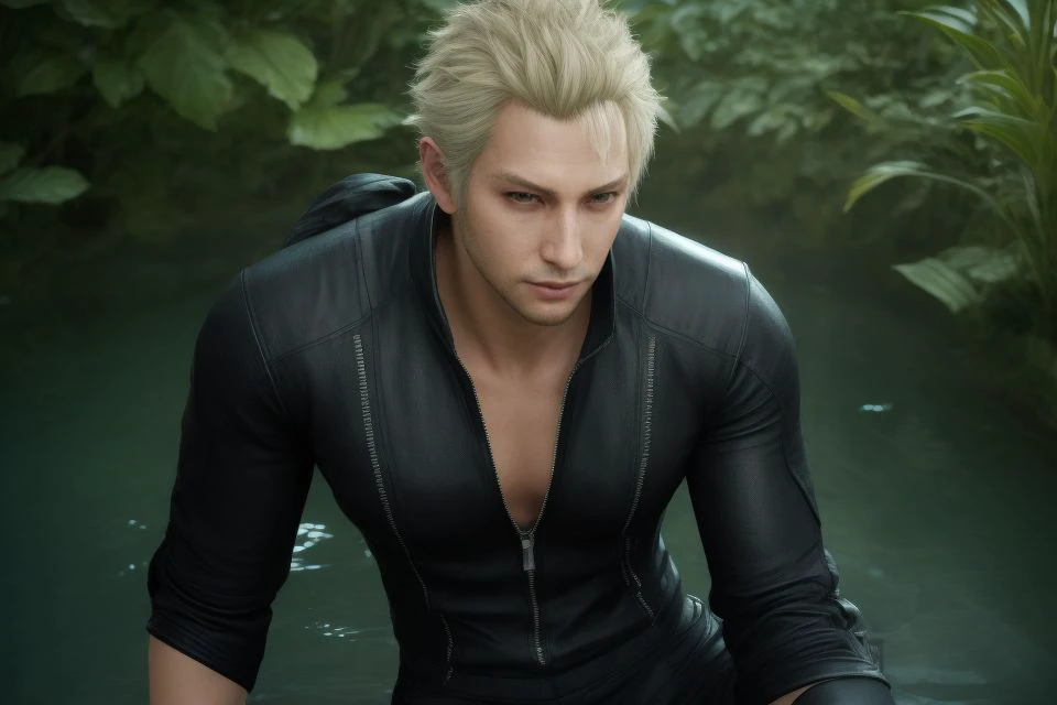 portrait of a man,close up, upper body clothing, Boat Neck, Levitating Synthetic Leather, Stealth Cloaking Texture,, Raglan Sleeves, Knee Length, Natural Waist, Color Blocking,High Slit, Button Closure,,Beaded Accents,,Closure Type,,Keyhole Back , lower body clothing, Electromesh Fabric, Solar Flare Pattern,, Regular Fit, Empire Waist, Zipper Fly,,Cutout Details , anime concept art artwork, hyperrealistic art ,,, , incredibly lifelike, key visual, vibrant,, highly detailed, ffxv 20 years old , Rainforest Rimstone Pool,Dancing Firefly, akihiko yoshida, , final fantasy <lora:ffxv-universe_epoch_7:0.7>, hp bar
