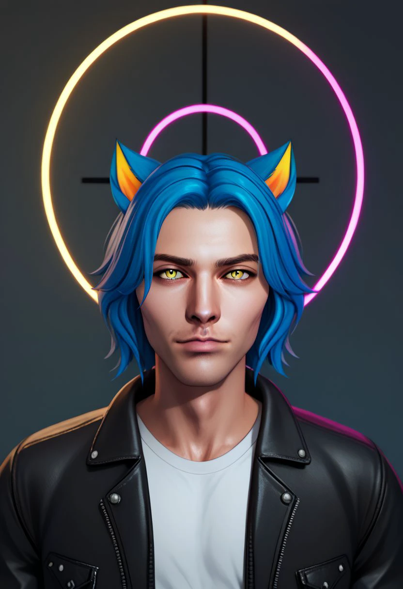 vpzdxizz, solo, animal ears, blue hair, 1boy, male focus, jacket, realistic, halo, shirt, cat ears, leather, looking at viewer, upper body, black jacket, open jacket, open clothes, yellow eyes, closed mouth, white shirt,  portrait, sidelighting, neon lighting, neon halo, PonyXLV6_Scores zPDXL