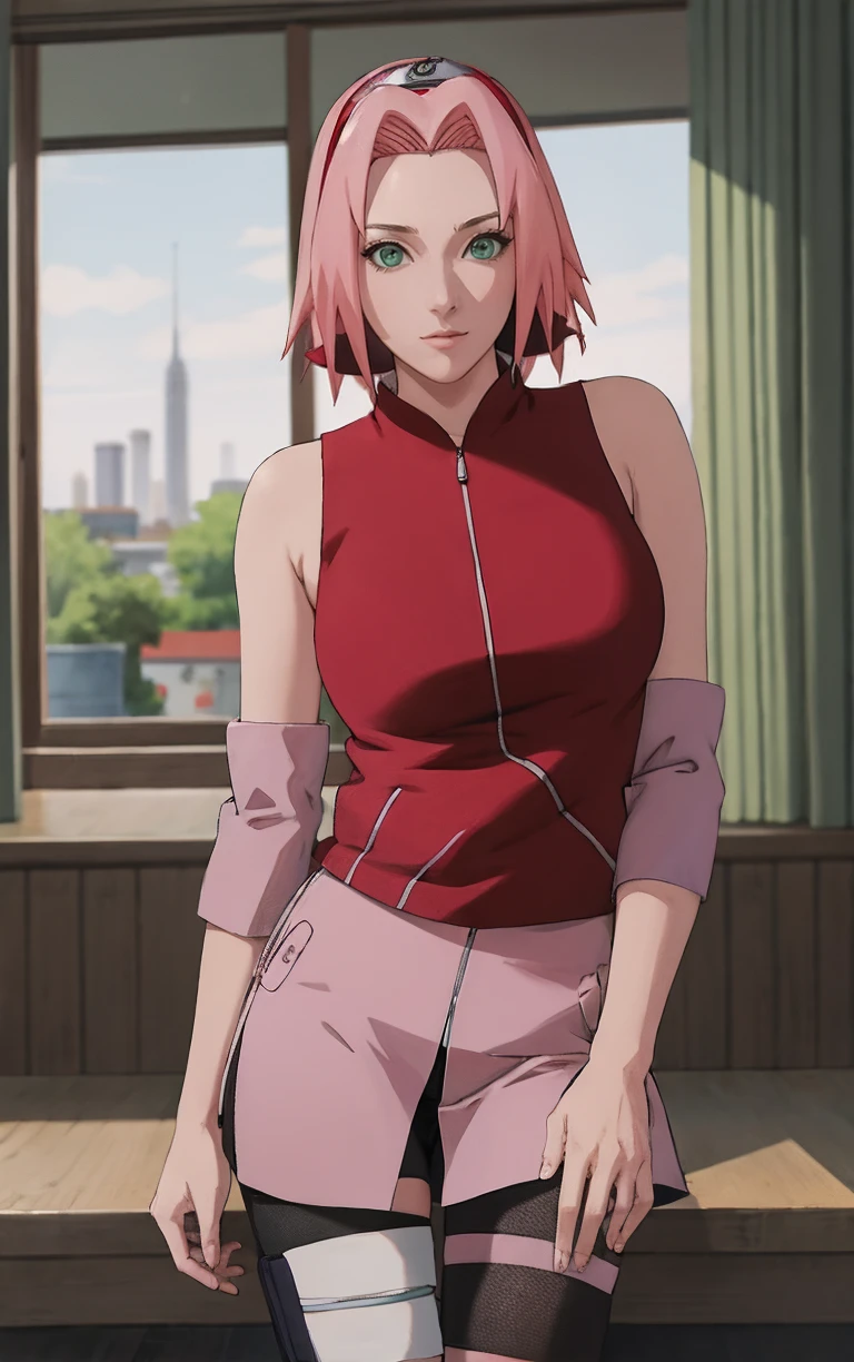 NARUTO_Sakura_Combat_ownwaifu,
1girl, haruno sakura, short hair, pink hair, green eyes, hair intakes, collarbone, forehead protector, headband, red hairband, konohagakure symbol,
bare shoulders, bandages, sleeveless jacket, red jacket, bike shorts, black shorts, leg wrap, bandaged leg, elbow pads, zipper, zipper pull tab,
<lora:NARUTO_SakuraHaruno_ownwaifu:0.9> ,
((masterpiece)),((best quality)),(highres, absurdres), original, official_art, chromatic_aberration, bokeh, depth_of_field, window, wisteria, loaded_interior, skylight,  sunset, indoors, window_shade, window_blinds, curtains, potted_plant, focused, looking at viewer, solo, cowboy shot,