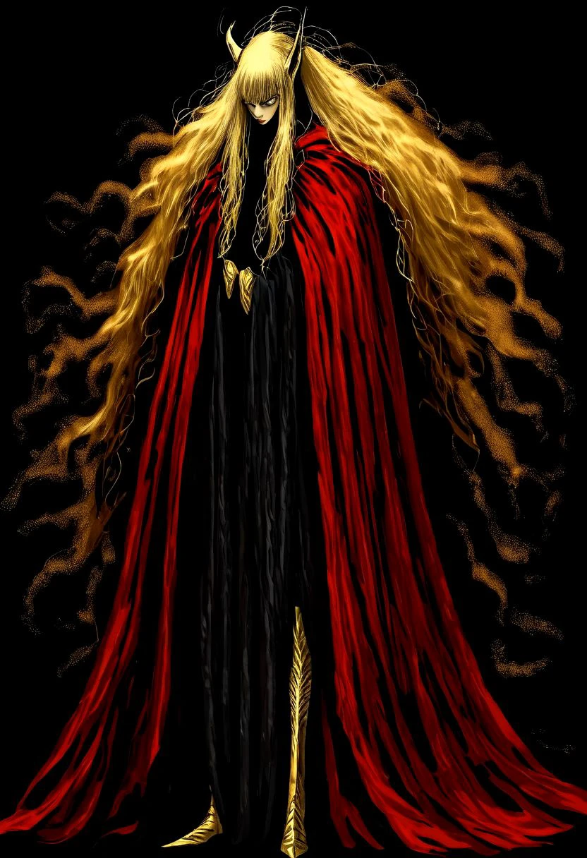 wizardry, illustration, beautiful Female Dryard, long golden hair,  silver kneeguards, magic boots, long ears, slender long legs, black background, mysterious, mythical,  red robe yellow cloth, cape, creature, werelion, golden fur,