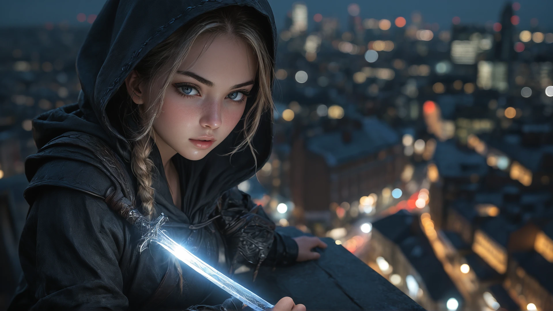 low angle amazing cinematic still, an emotive composition that evokes feeling of fear and irrationality, rule of thirds, chromatic aberration, subsurface scattering, layers that create a sense of depth and transition to the image, repeating patterns, excellent framing leading the eye to the multiple focal points, volumetric lighting by spotlight, atmospheric haze
a hooded female assassin, ponytail, beautiful detailed skin, holding a glowing sword
rooftops over London