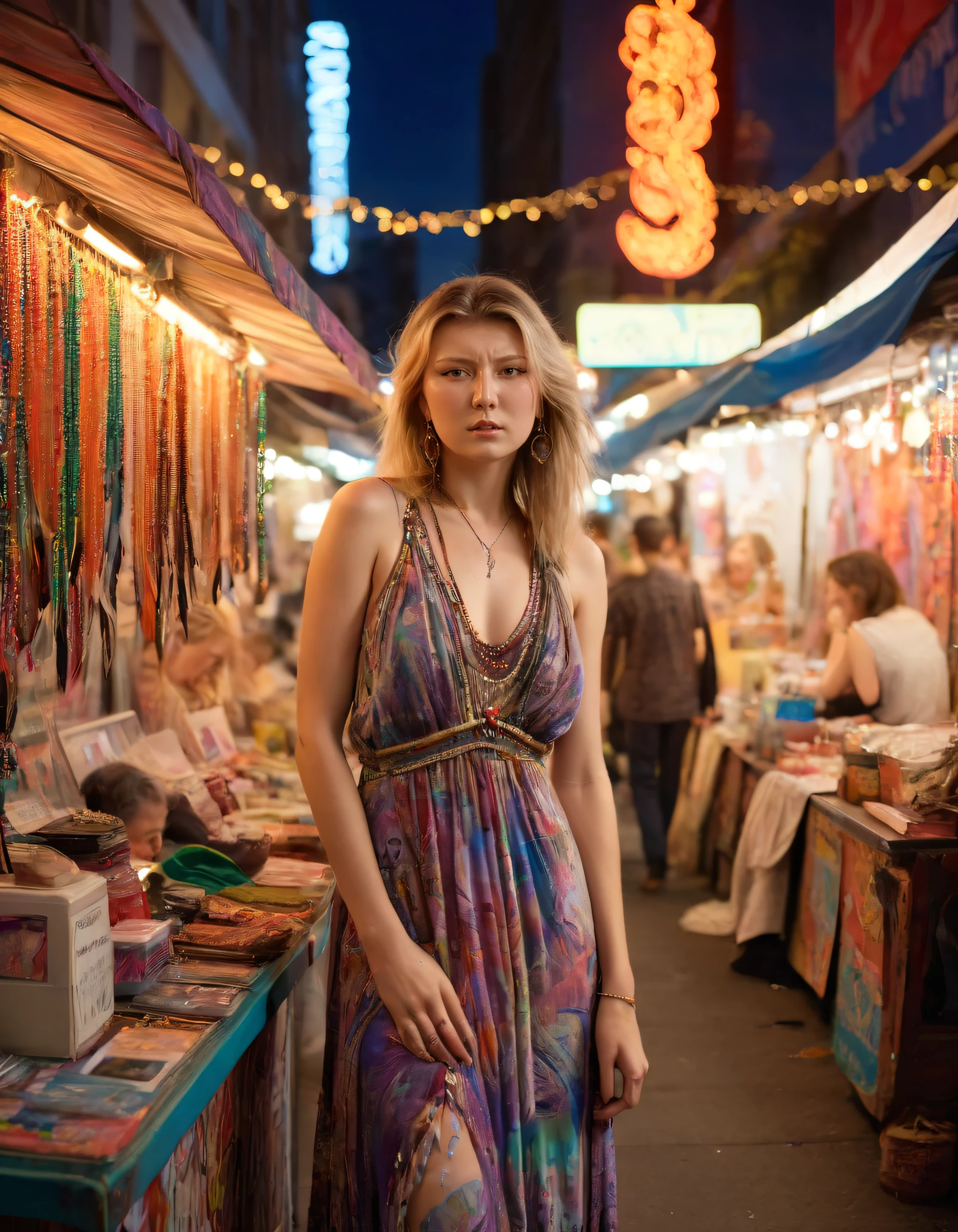 As Dasha, adorned in her bohemian maxi dress made of handcrafted beads and feathers, navigated through the bustling street market with its diverse cultural influences and vibrant skyline backdrops decorated by neon signs from various lands, the gentle evening zephyr swayed her attire gracefully; she leaned forward with a casual arm drape over the vintage-style stall's railing, her inviting, carefree spirit enticing passersby to join in the festive atmosphere. <lora:rnpxuq18f20eee557m67:1>