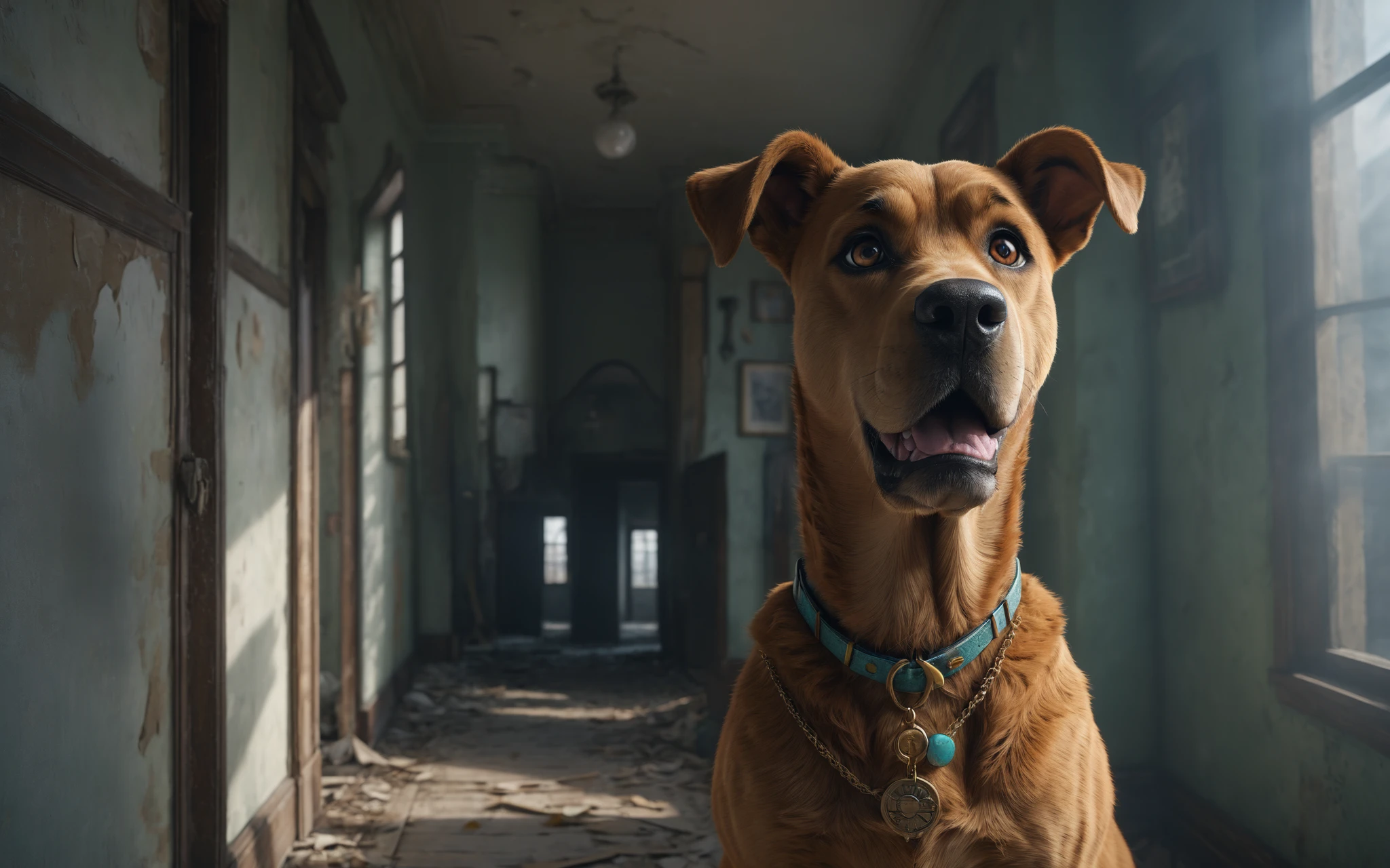low angle amazing cinematic still, an emotive composition that evokes feeling of terror and horror, rule of thirds, chromatic aberration, subsurface scattering, layers that create a sense of depth and transition to the image, excellent framing leading the eye to the multiple focal points, volumetric lighting by spotlight, atmospheric haze
the hallway of an abandoned house
scooby doo, detailed fur