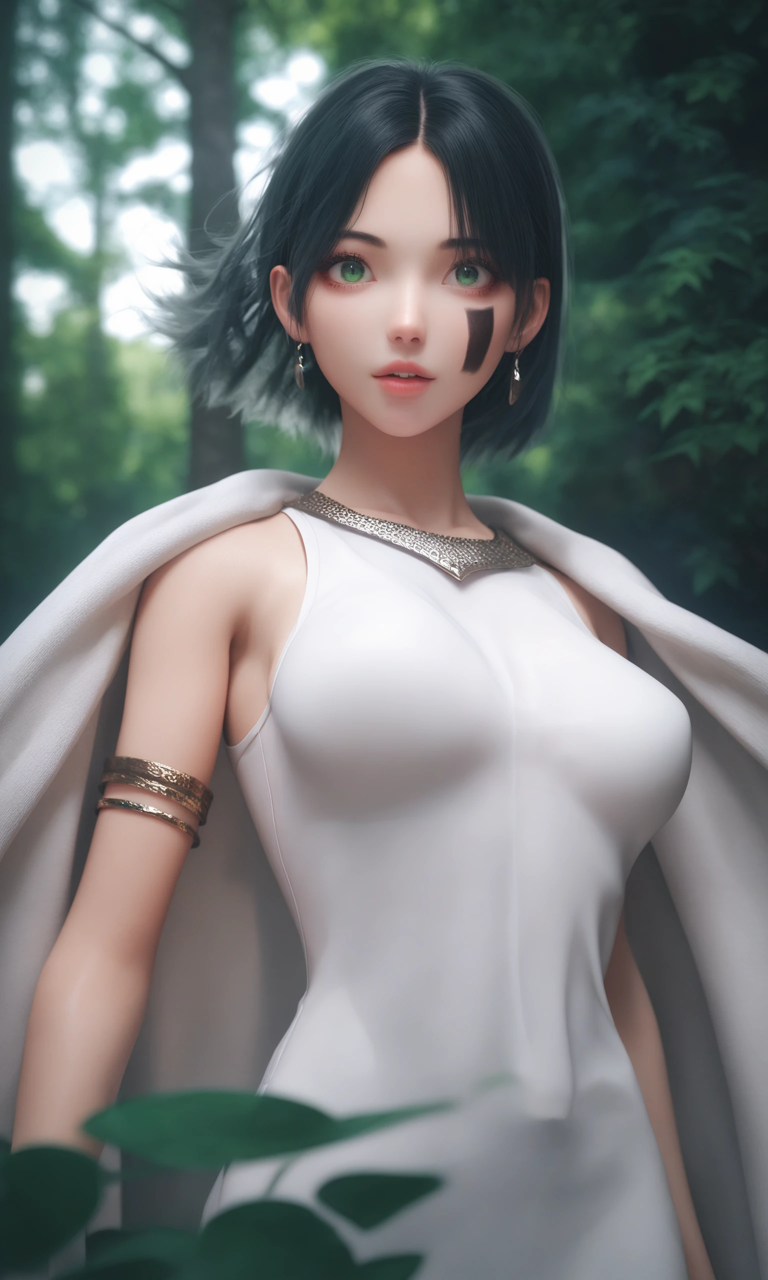 sscore_9,score_8_up, 1girl, armlet, bangs, black hair, black undershirt, breasts, cape, circlet, earrings, facepaint, floating hair, forest, fur cape, green eyes, jewelry, looking at viewer, medium breasts, nature, necklace, outdoors, parted bangs, shirt, short hair, sleeveless, sleeveless shirt, solo, tooth necklace, tree, upper body, white shirt