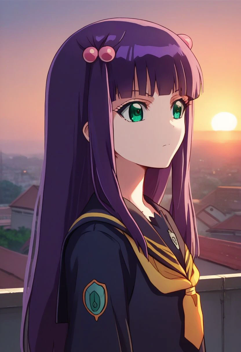 score_9, score_8_up, score_7_up, source_anime, upper body photo of ben1o, benio adashino, 1girl, solo, purple hair, long hair, green eyes, hair ornament, bangs, hair bobbles, serafuku, evening, sunrise, rooftop  <lora:ben1oXL:1>