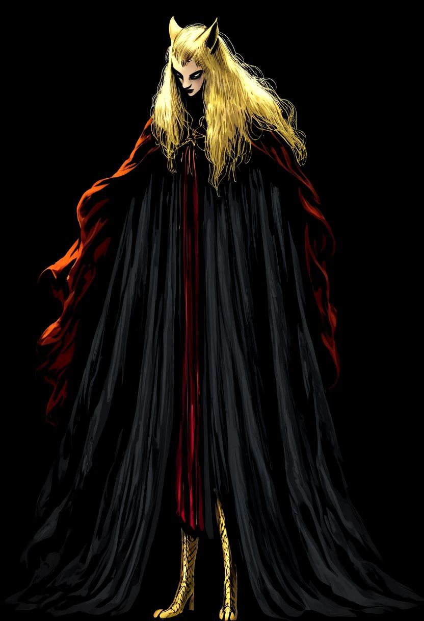 wizardry, illustration, beautiful Female Dryard, long golden hair,  silver kneeguards, magic boots, long ears, slender long legs, black background, mysterious, mythical,  red robe yellow cloth, cape, creature, werepanther, golden fur,