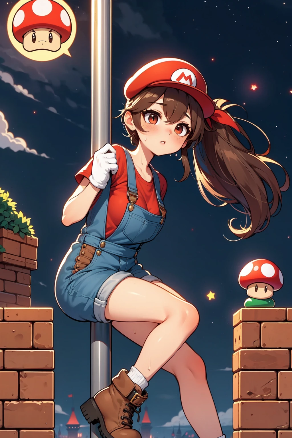 (((masterpiece))), (((best quality))), ((flagpole climbing)), ((leaning forward)), ((castle)), (mushroom logo flag), at height, mario costume, brown hair, red cap, red shirt worn under denim overalls, white gloves, brown shoes, greenery, fireworks, cloudy sky, green pipes, brown stairs blocks, yellow star \(symbol\), (((night))), solo, 1girl, ponytail, absurdly long hair, ribbon, big tits, parted lips, sweat, shy, blush, slim figure, <lora:girllikeflagpoleclimbingmario:0.8>