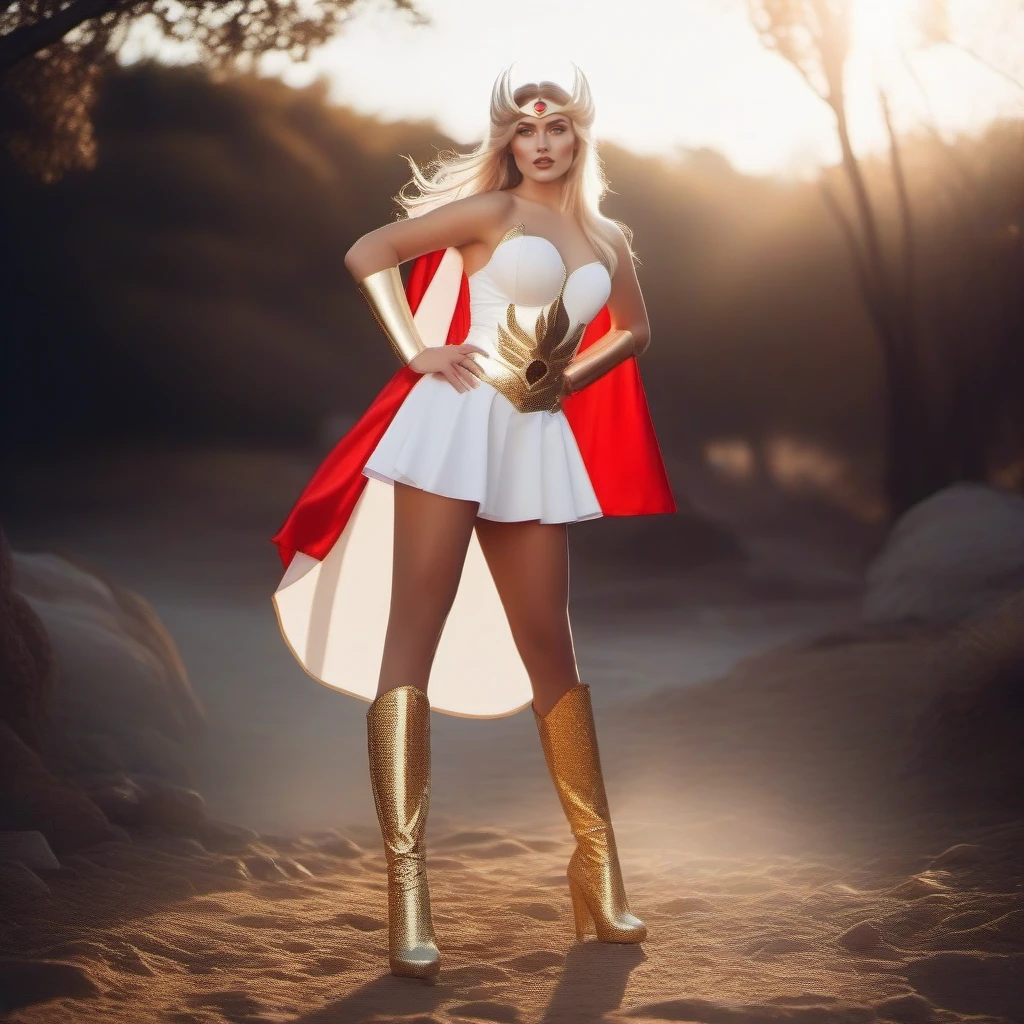 cinematic photo a full body woman dressed in a white costume,white miniskirt, golden headband, red cape, fantasy background <lora:She-ra-1024:0.8> . 35mm photograph, film, bokeh, professional, 4k, highly detailed