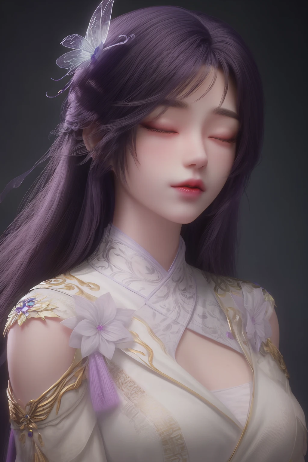 <lora:ZWyunxi:1>,yunxi,1girl,closed eyes,(hair ornament:1.3),long hair,purple hair,dress,upper body,aotori,bird,white dress,solo,(light:1.2),closed mouth,glowing,mew,fantasy,<lora:Detail Tweaker LoRA (ç»èè°æ´):0.4>,black background,, best quality , masterpiece, illustration, an extremely delicate and beautiful, extremely detailed ,CG,unity,8k wallpaper, Amazing, finely detail, masterpiece, best quality,official art,extremely detailed CG unity 8k wallpaper,absurdres, incredibly absurdres, huge filesize , ultra-detailed, highres, extremely detailed,beautiful detailed girl, extremely detailed eyes and face, beautiful detailed eyes,light on face,