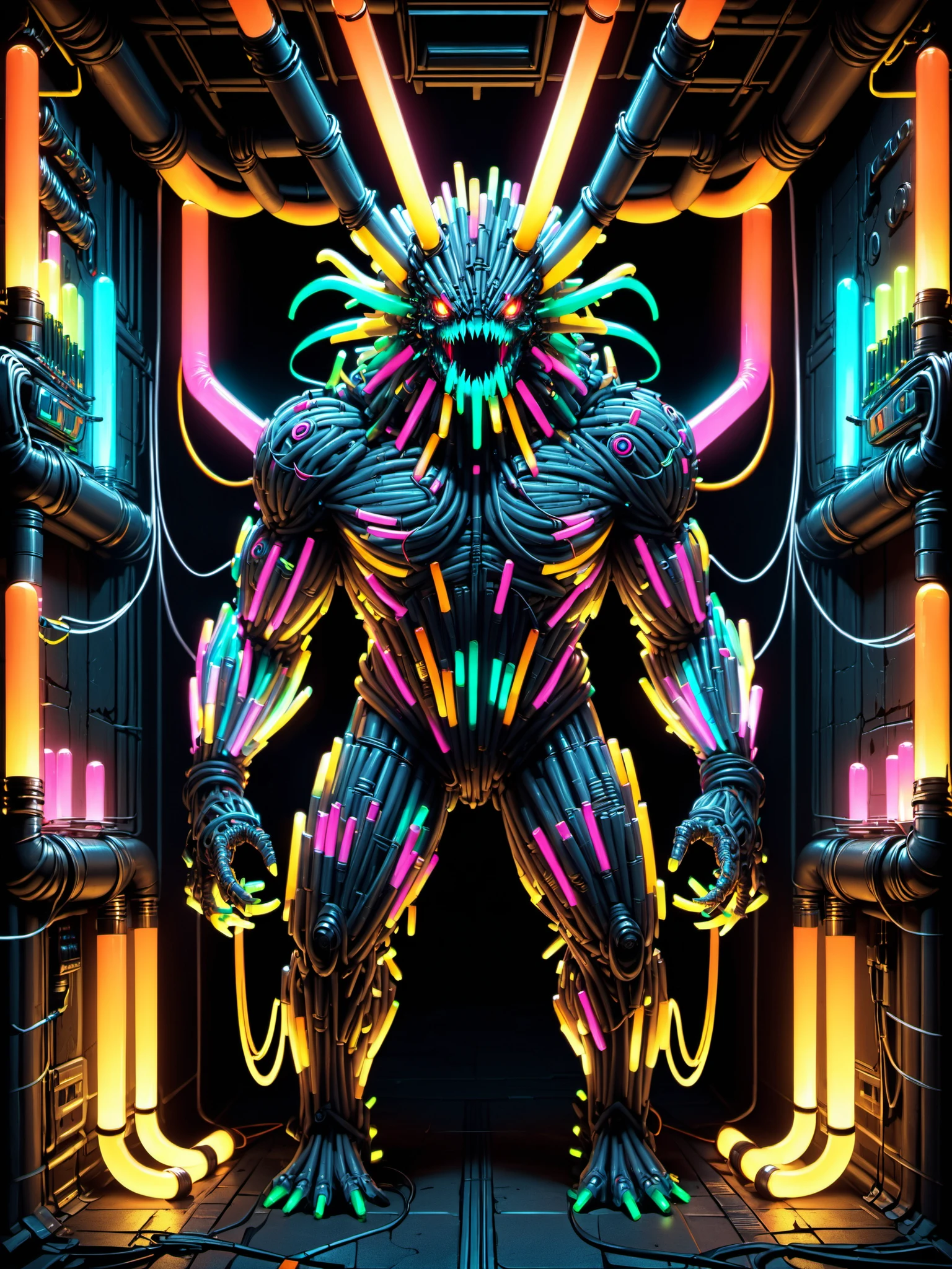 mad-glowstick monster, dark dungeon, scifi, tubes, cables <lora:Glowstick_SDXL:0.8>, (masterpiece:1.2), best quality, (hyperdetailed, highest detailed:1.2), high resolution textures