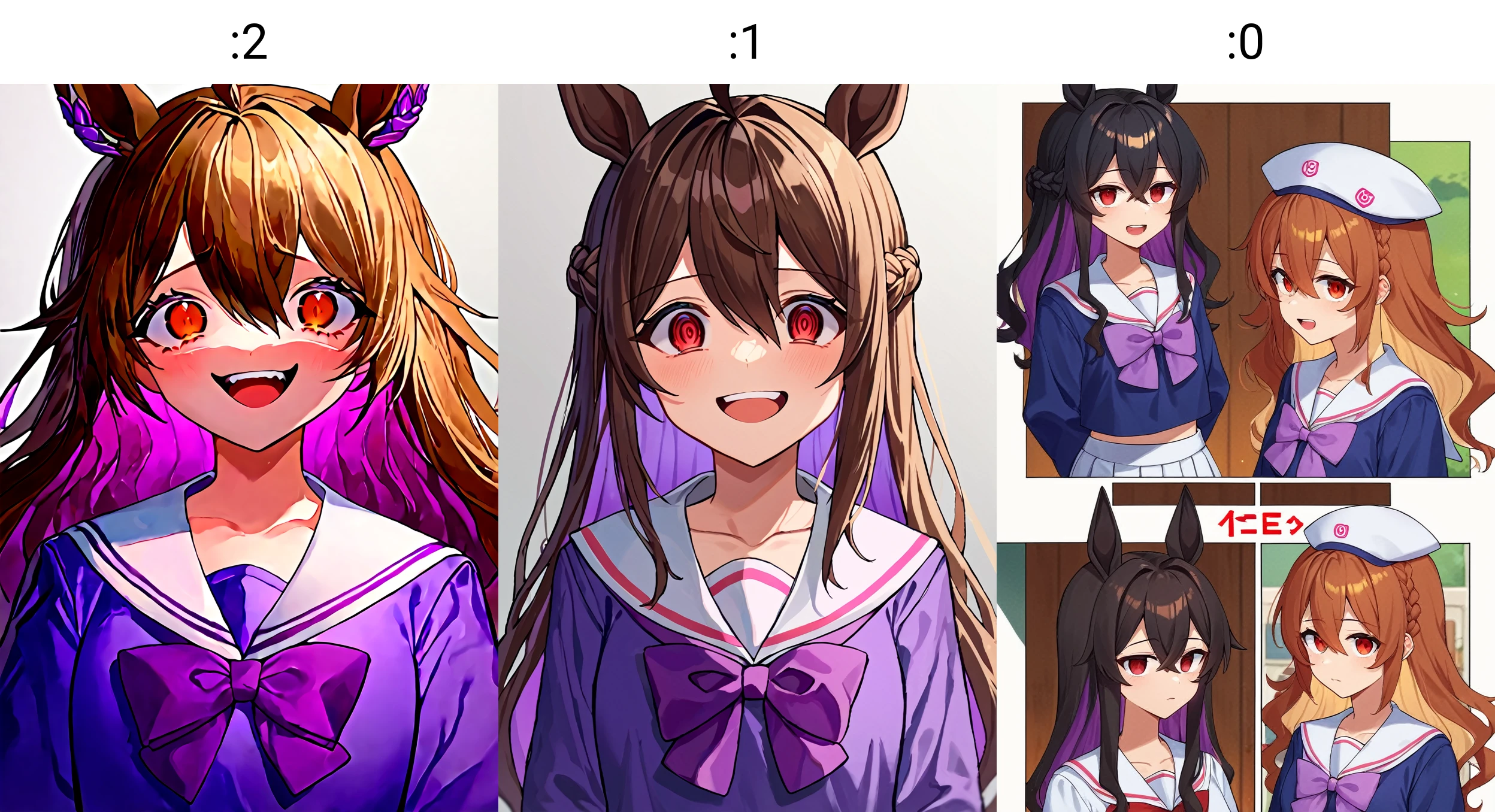 score_9, score_8_up, score_7_up, BREAK
1girl, white headwear, ear covers, brown hair, bowtie, tracen school uniform, empty eyes, black hair, looking at viewer, long hair, multicolored hair, white sailor collar, purple bowtie, wavy hair, two-tone hair, shirt, french braid, pleated skirt, horse girl, purple shirt, bow, long sleeves, comic, sailor shirt, red eyes, sailor collar, school uniform, upper body, 4koma, upper teeth only, braid, gameplay mechanics, horse ears, skirt, crown braid, colored inner hair, teeth, white hair, wide oval eyes, white skirt, multiple views, pincers \(tool\), hair between eyes, ears down, animal ears, purple bow, ahoge, serafuku, smile, collarbone
<lora:You can't fix her DoRA PDXL:2>