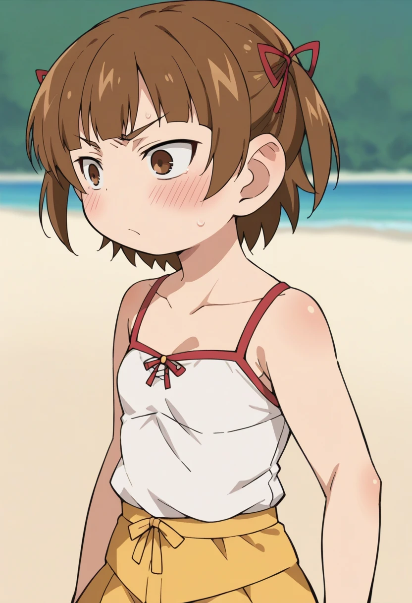score_9, score_8_up, score_8, source_anime, <lora:MitsubaMarui:0.85> 1girl, brown hair, brown eyes, solo, twintails, short twintails, short hair, hair ribbon, white top, yellow skirt, blush, amused
beach background, blurry background,
