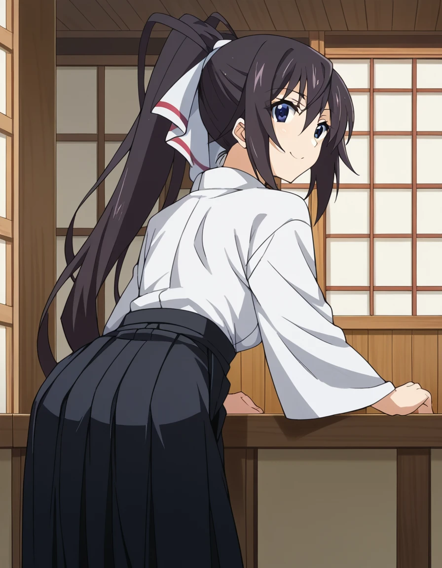 score_9, score_8_up, score_7_up, source_anime,
houkishinonono, <lora:houki-shinonono-s2-ponyxl-lora-nochekaiser:1>,
houki shinonono, long hair, blue eyes, black hair, ribbon, hair ribbon, ponytail,
skirt, japanese clothes, hakama, hakama skirt, black hakama,
indoors, dojo, bent over, smile,
looking at viewer, cowboy shot, solo, dutch angle,