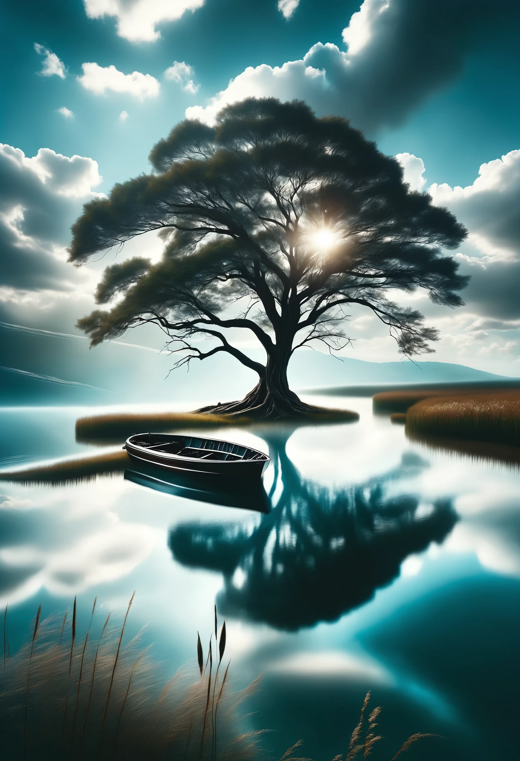 cinematic photo, lake, ripples, off-center large tree, clouds, boat, chaotic composition, high contrast, water reflection shows a different reality, 35mm photograph, film, bokeh, professional, 4k, highly detailed
<lora:dvr-tldr:0.8> dvr-tldr