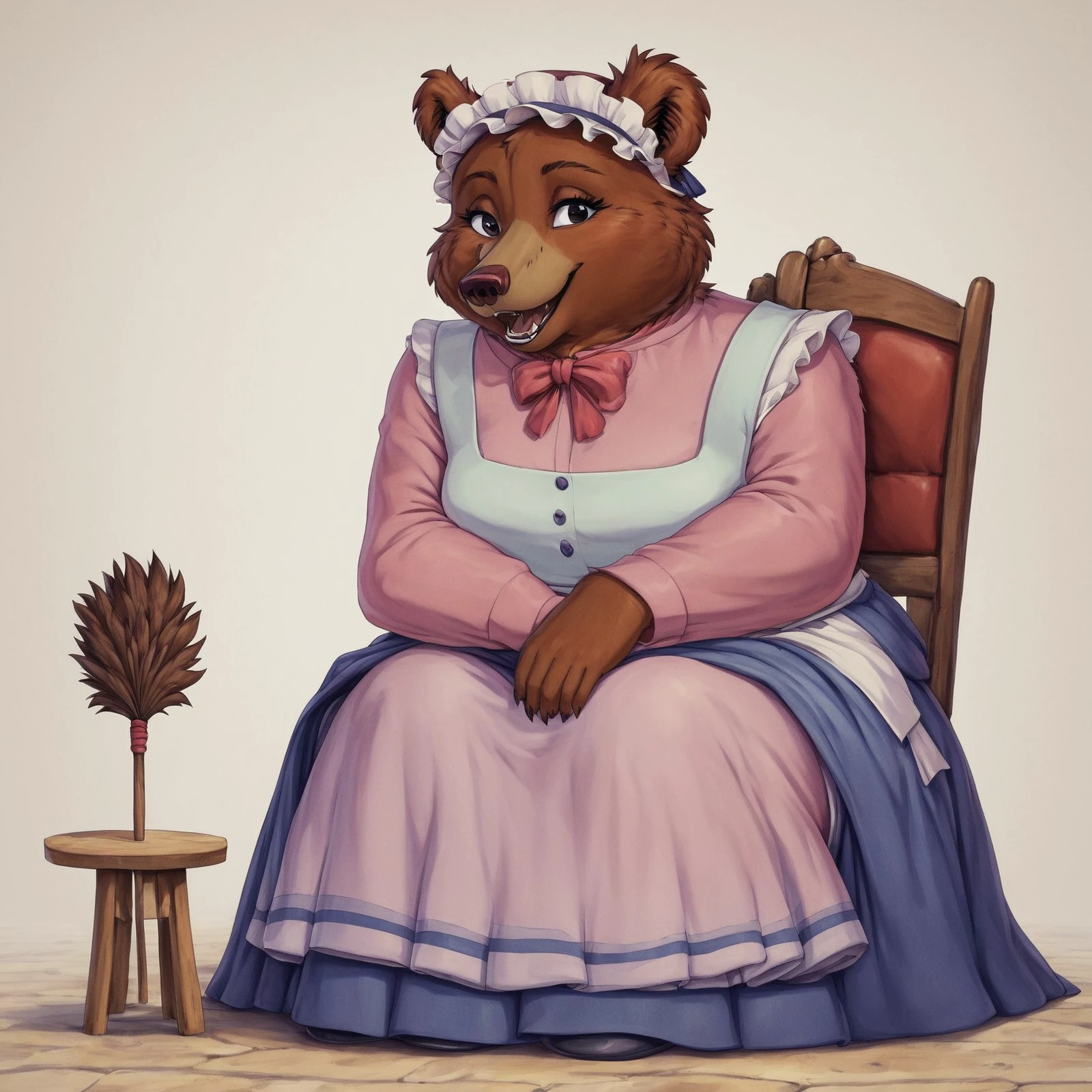 score_9, score_8_up, score_8,source_furry,
Mother_Bear,
1girl,
solo,
animal ears,
furry female,
furry,
looking at viewer,
smile,
long sleeves,
eyelashes,
brown fur,
upper body,
open mouth,
bear ears,
standing,
short hair,
teeth,
black eyes,
<full body:1.5>,
body shot,
eyelashes,
makeup,
<feet:1.5>,
bare feet,
<bear feet:1.5>,
<thick thighs:1.5>,
long legs,
sexy legs,
heels,
dress,
skirt,
long skirt,
chubby,
<simple background:1.5>,
<white background:1.5>,
<lora:Mother_Bear_Little_Bear_Pony_SDXL-000003:1> mother_bear,, maid,
maid outfit,
skirt,
stockings,
white stockings,
featherduster,
cleaning,
bonnet,
headwear,
kitchen,, sitting,
chair,
legs crossed,