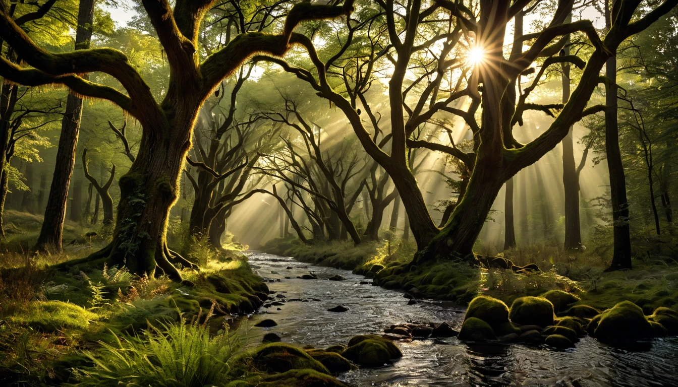 photography of morning in tolkien woods, misty, ray tracing, masterpiece, inspirational, trending on artstation, highres, fine details, intricately details, aesthetically pleasing, beautiful, breathtaking, realistic, dark, fantastic, fantasy, old forest,twisted trees,worrying,rays of light through branches, night light,swamp, toxic fog,dark clouds in distance,wide angle, panoramic view,