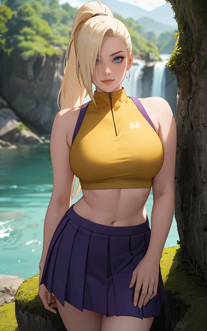 Skirt_InoYamanaka_ownwaifu,
1girl, blonde hair, blue eyes, hair over one eye, breasts, long hair, ponytail, 
crop top, midriff, miniskirt, bare shoulders, bow, purple skirt, sleeveless,  yellow shirt, 
<lora:NARUTO_Kunoichi_InoYamanaka_ownwaifu:0.7> ,
((masterpiece)),((best quality)),(highres), bokeh, depth_of_field, day, tree shade, sunlight, scenery, rock, waterfall, looking at viewer, solo, cowboy shot,