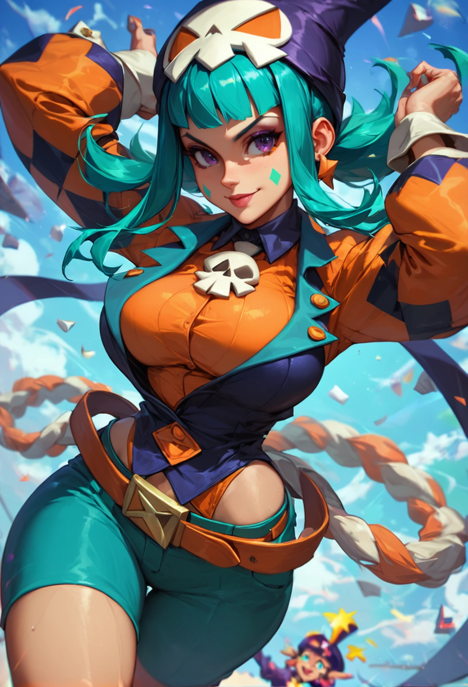 score_9, score_8_up, score_7_up, Cerebella from "Skullgirls" performs under the big top, her living hat Vice-Versa enhancing her dazzling acrobatic moves. Her infectious energy and showmanship make her a standout in the chaotic ensemble of fighters.