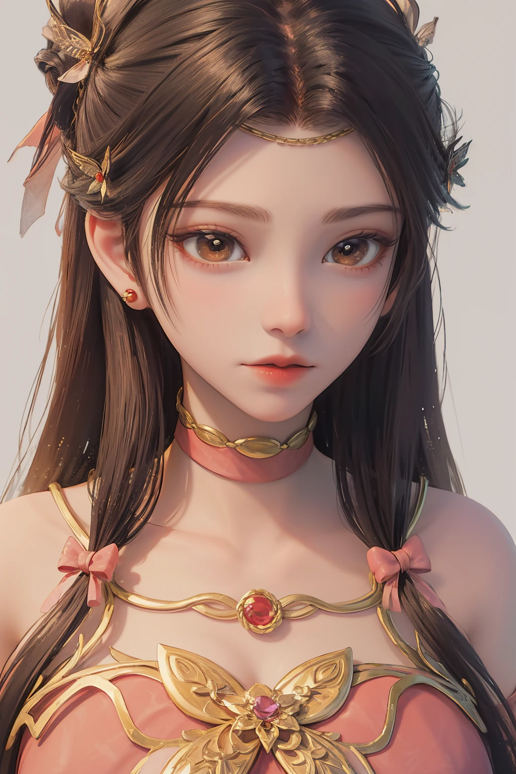 <lora:TianLinger:0.8>,tianlinger,1girl,solo,jewelry,long hair,brown hair,earrings,brown eyes,Gold ornament,hair ornament,necklace,choker,realistic,white background,simple background,bare shoulders,upper body,butterfly,, best quality , masterpiece, illustration, an extremely delicate and beautiful, extremely detailed ,CG,unity,8k wallpaper, Amazing, finely detail, masterpiece, best quality,official art,extremely detailed CG unity 8k wallpaper,absurdres, incredibly absurdres, huge filesize , ultra-detailed, highres, extremely detailed,beautiful detailed girl, extremely detailed eyes and face, beautiful detailed eyes,light on face,