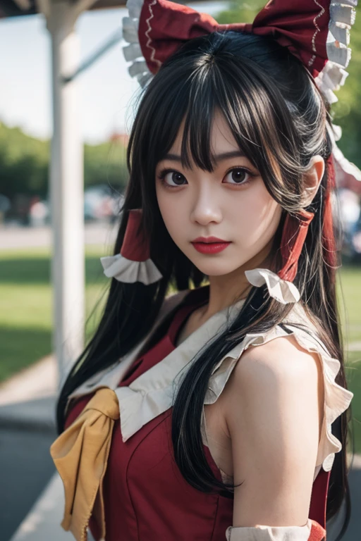 ltra-detailed,highly detailed,best quality,masterpiece,illustration,realistic,photorealistic,
reimu, hakurei reimu \(cosplay\), hakurei reimu,
1girl, solo, cosplay,
looking at viewer, upper body,
<lora:reimu_v2_05:0.6>