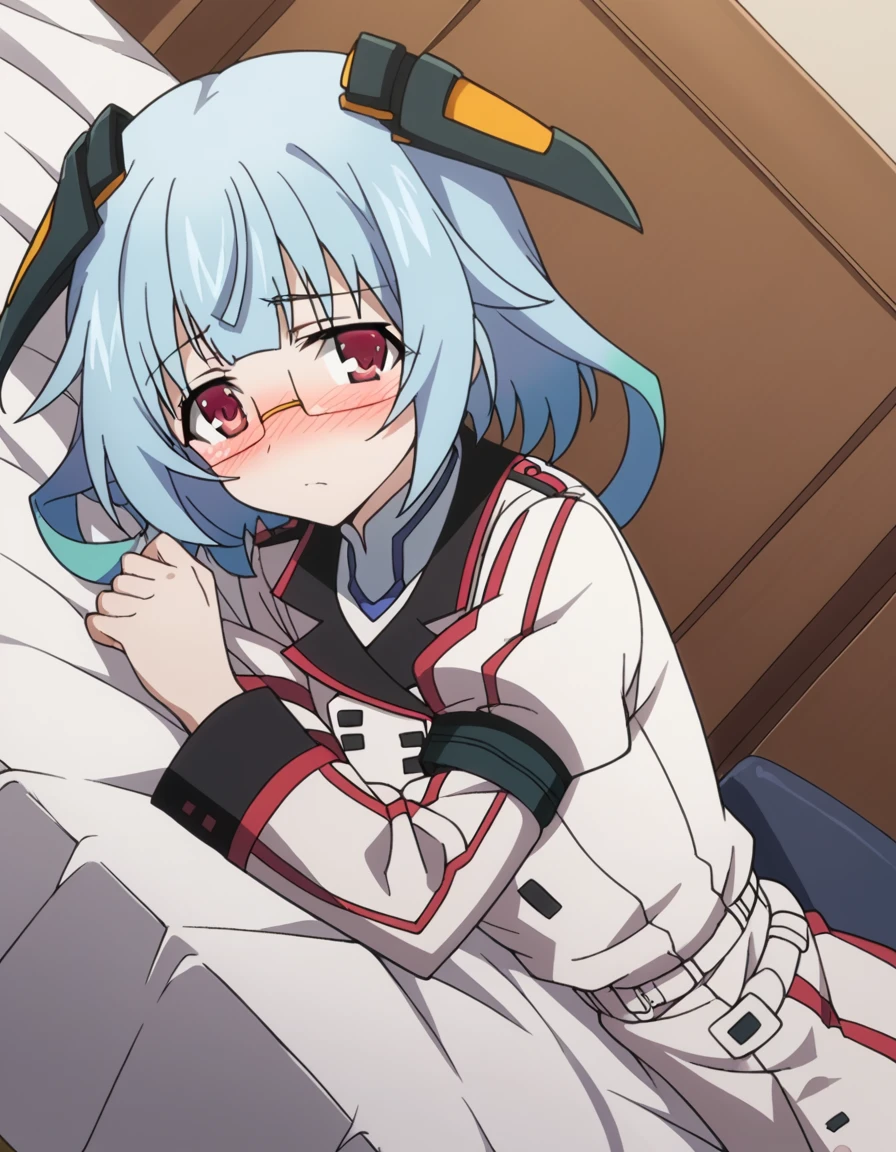 score_9, score_8_up, score_7_up, source_anime,
kanzashisarashiki, <lora:kanzashi-sarashiki-s2-ponyxl-lora-nochekaiser:1>,
kanzashi sarashiki, red eyes, blue hair, glasses, semi-rimless eyewear,
school uniform, ribbon, blue ribbon, long sleeves, red trim, uniform, military uniform, white military uniform,
indoors, bed, bed room, on side, blush, drunk,
looking at viewer, cowboy shot, solo, dutch angle,
