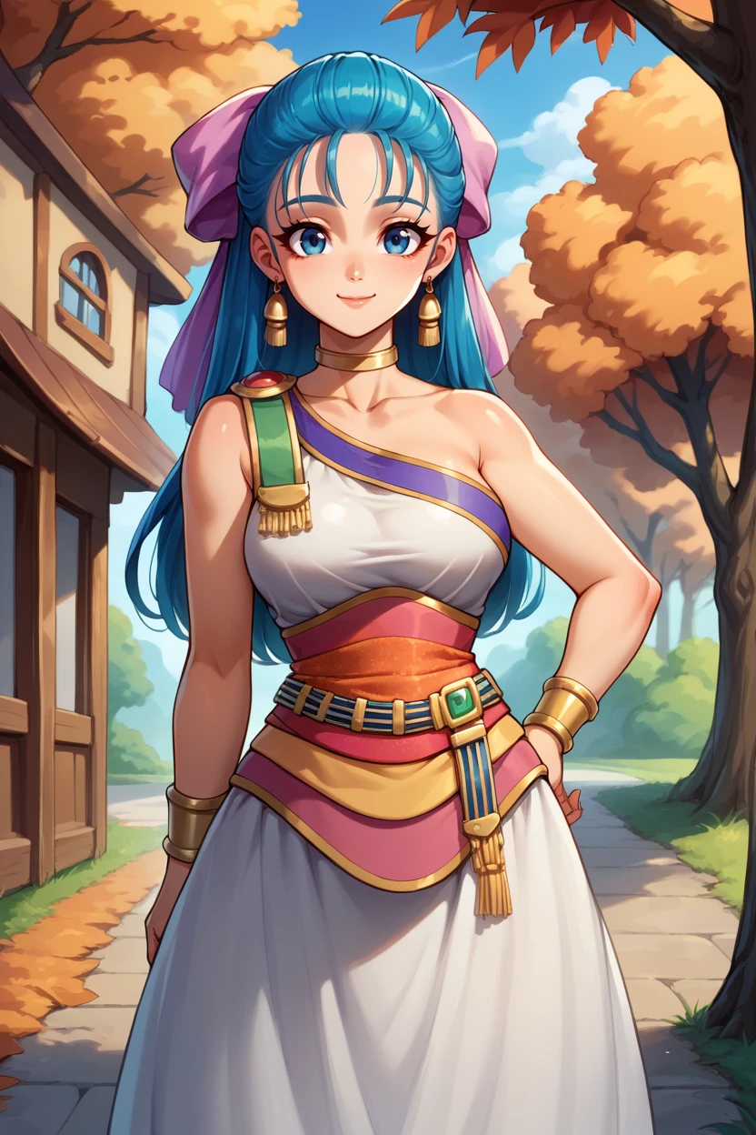 score_9, score_8_up, score_7_up, score_6_up, source_anime, BREAK 1girl, <lora:nera-pdxl-nvwls-v1-000006:1> nera, hair bow, bracelet, choker, earrings, long dress, sash, looking at you, medium breasts, village, trees, blue sky, happy, smile, closed mouth, hands to hips, autumn