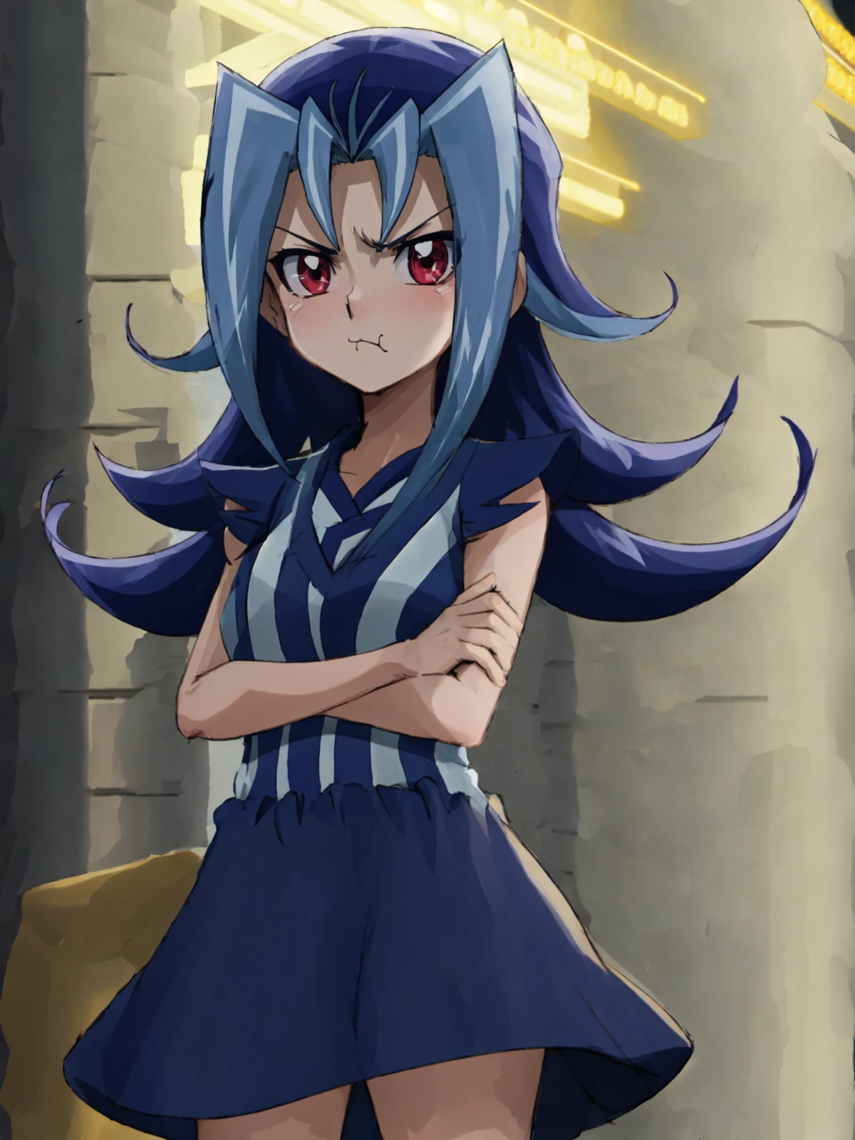 SLE, mksks style, detailed background absurdres, highres, cowboy shot, solo, 1girl, <lora:Rio Kamishiro (Yu-Gi-Oh ZEXAL):1>, rio_kamishiro, costume_casual_2, standing, crossed arms, annoyed, (pout, :t), v-shaped eyebrows, blush, looking at viewer, facing viewer, city, night, lampposts, city lights, outdoors