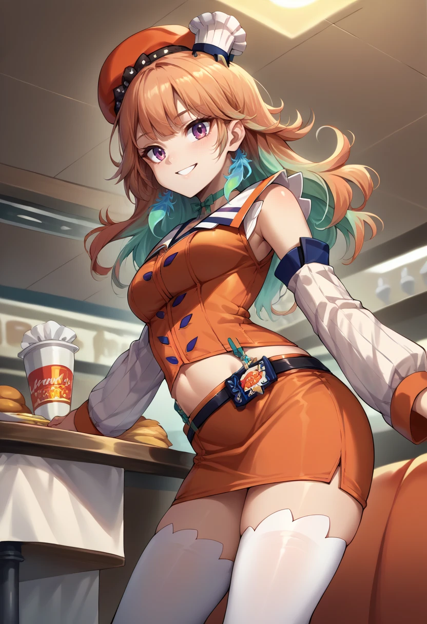 score_9, score_8_up, source_anime, 1girl, solo, KiaraBase, long hair, feather earrings, orange beret, mini chef hat, ribbon choker, orange vest, detached sleeves, white sleeves, midriff, orange microskirt, belt, white thighhighs, indoors, fast food restaurant, smile, <lora:ChamTakanashiKiaraPonyXL-000009:1>
