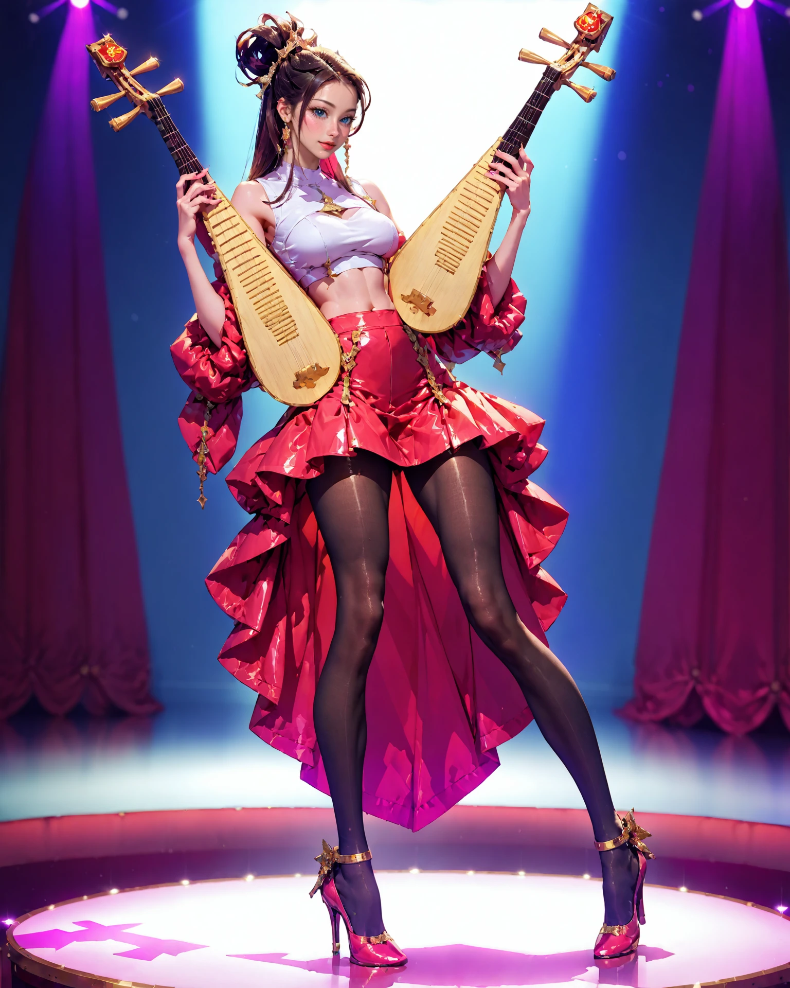 1girl, sittings, full body, high heels, (holding pipa, playing pipa, pipa), pantyhose, Crop top, Long layers hairstyle, (At a lively concert venue), score_9, score_8_up, score_7_up,masterpiece, best quelity, 8k,