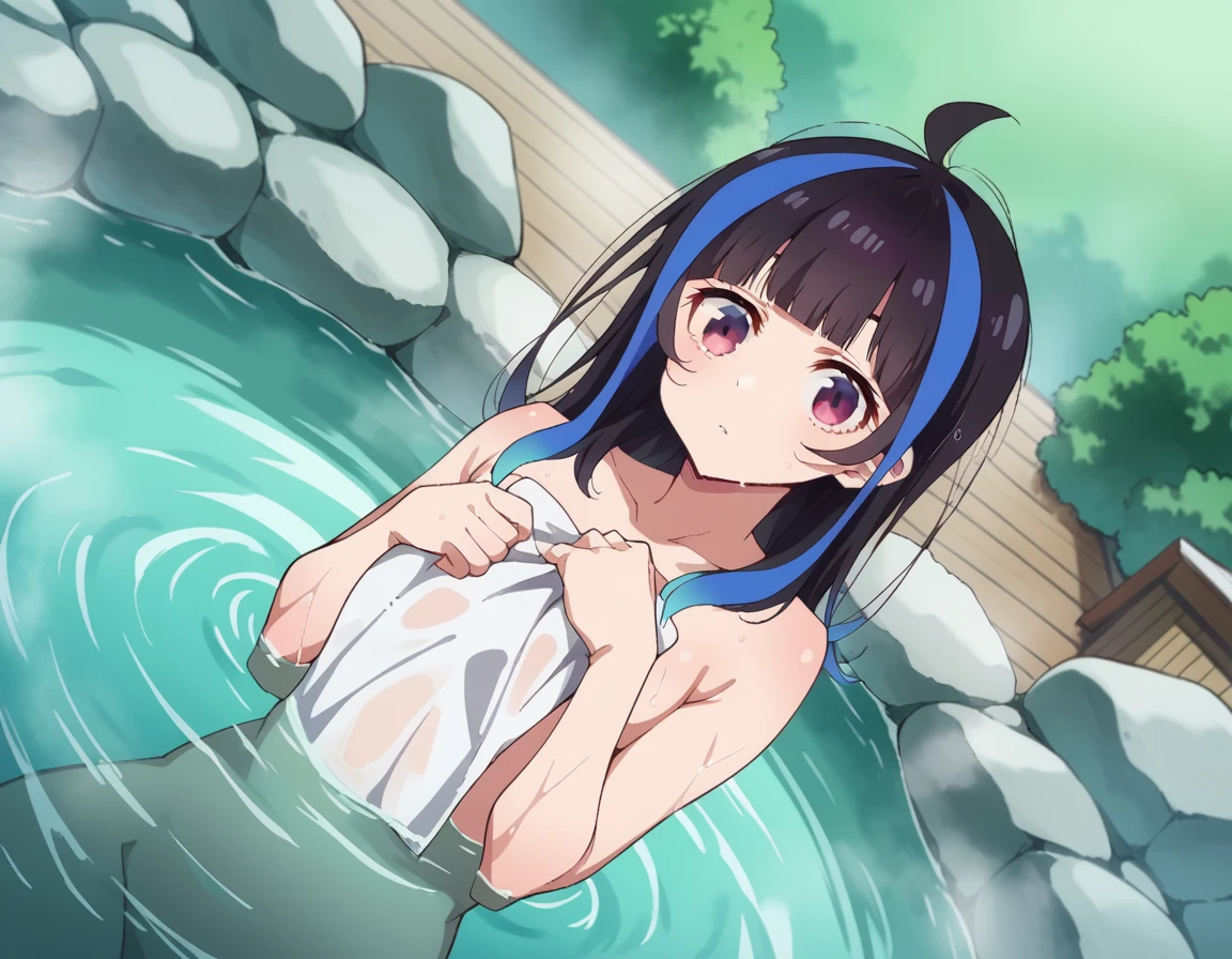 score_9, score_8_up, score_7_up, source_anime,
miniyaemori, <lora:mini-yaemori-s1-ponyxl-lora-nochekaiser:1>,
mini yaemori, long hair, bangs, black hair, blue hair, purple eyes, multicolored hair, blunt bangs, streaked hair, ahoge,
nude, naked,
outdoors, onsen, towel, naked towel, steam, bathing, nude cover, partially submerged, water, bath, steam censor, wet towel,
looking at viewer, cowboy shot, solo, dutch angle,