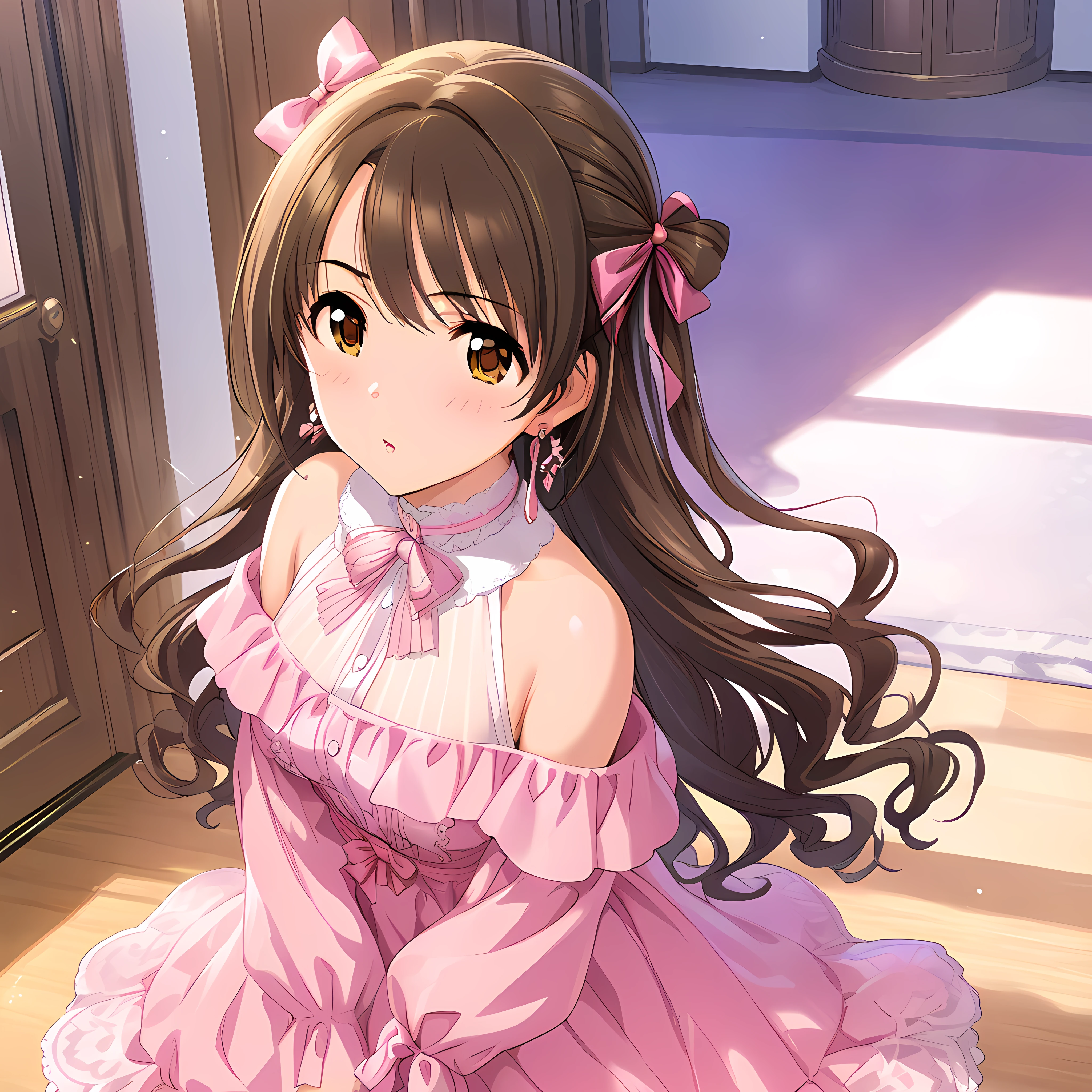 (masterpiece),(best quality),(ultra-detailed),(best illustration),(best shadow),(absurdres),(detailed background),(very aesthetic),uzuki shimamura, idoloutfit, pink dress, brown hair, dress, bow,  long hair, hair bow, jewelry, earrings <lora:uzukishimamurav1:1>