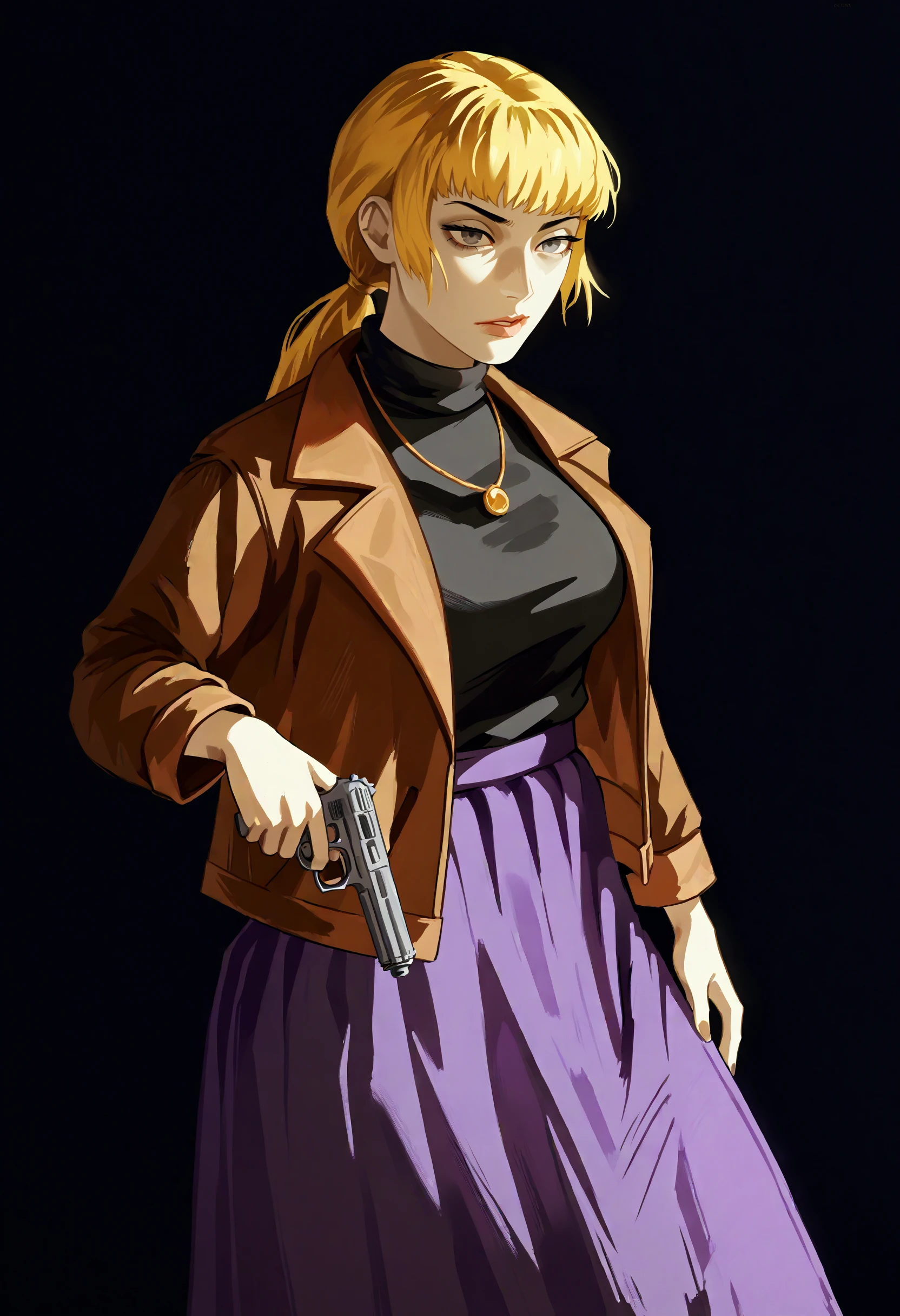 score_9, score_8_up, score_7_up, score_6_up, score_5_up, score_4_up,
BREAK
1girl, blonde hair, low ponytail, grey eyes, bangs, karin funger, half-closed eyes,
BREAK
solo, brown jacket, purple skirt, long skirt, black sweater, large breasts, holding handgun, pistol,
BREAK
black background, simple background, dynamic pose, dark, <lora:Lunas-Uqi32-SDXL-A1:1> <lora:Lunas-Karin-Funger-SDXL-A1:1>
