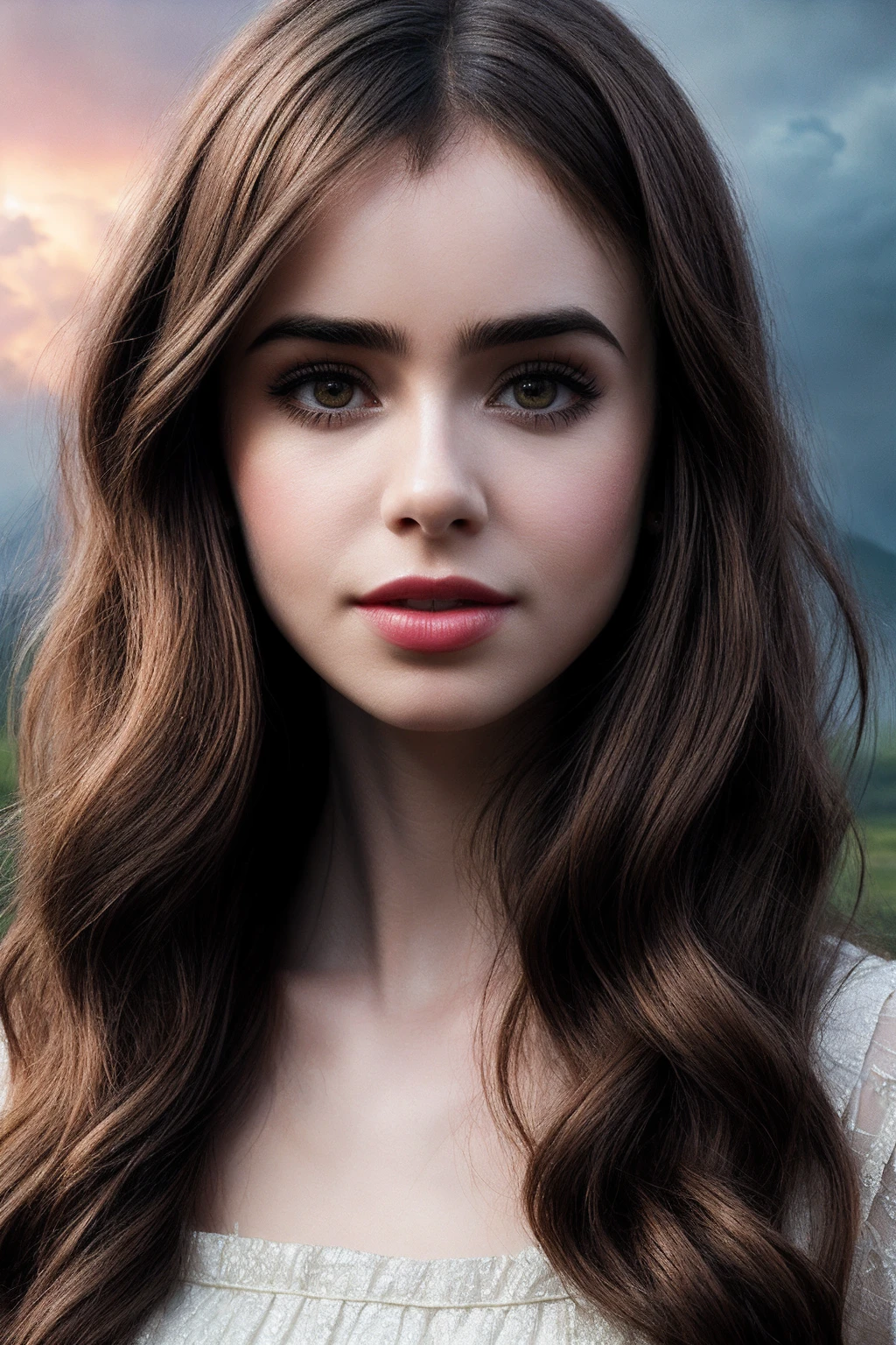 LilyC_SoloTI_v1,  PA7_Portrait-MCU,
a beautiful woman, (Rocking a figure-hugging retro dress with polka dot prints and a sweetheart neckline, paired with classic red pumps and a playful hair scarf),
(Sinister castle looming over a desolate landscape, lightning crackling across the sky, the eerie howl of distant wolves, minions scurrying to fulfill her commands, the air thick with the scent of ancient magic and impending doom:1.3), (seductive:1.3),(analog, cinematic, film grain, hazy atmosphere, cinematic shot:1.3), 
 <lora:add_detail:0.8>,<lora:LowRa:0>