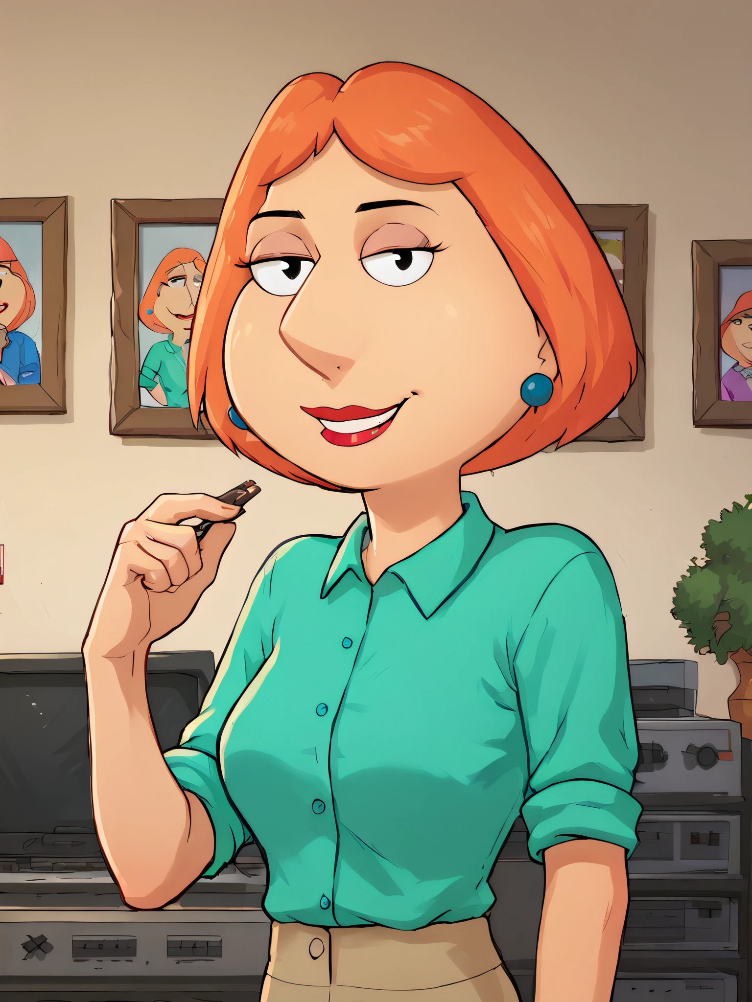 <lora:Loispony1.2:1> lois,1girl, blue earrings, jewelry, short hair, solo, lipstick, makeup, orange hair, aqua shirt, beige pants,looking at viewer, smile, indoors, upper body, score_9, score_8_up, score_7_up, score_6_up, score_5_up, score_4_up